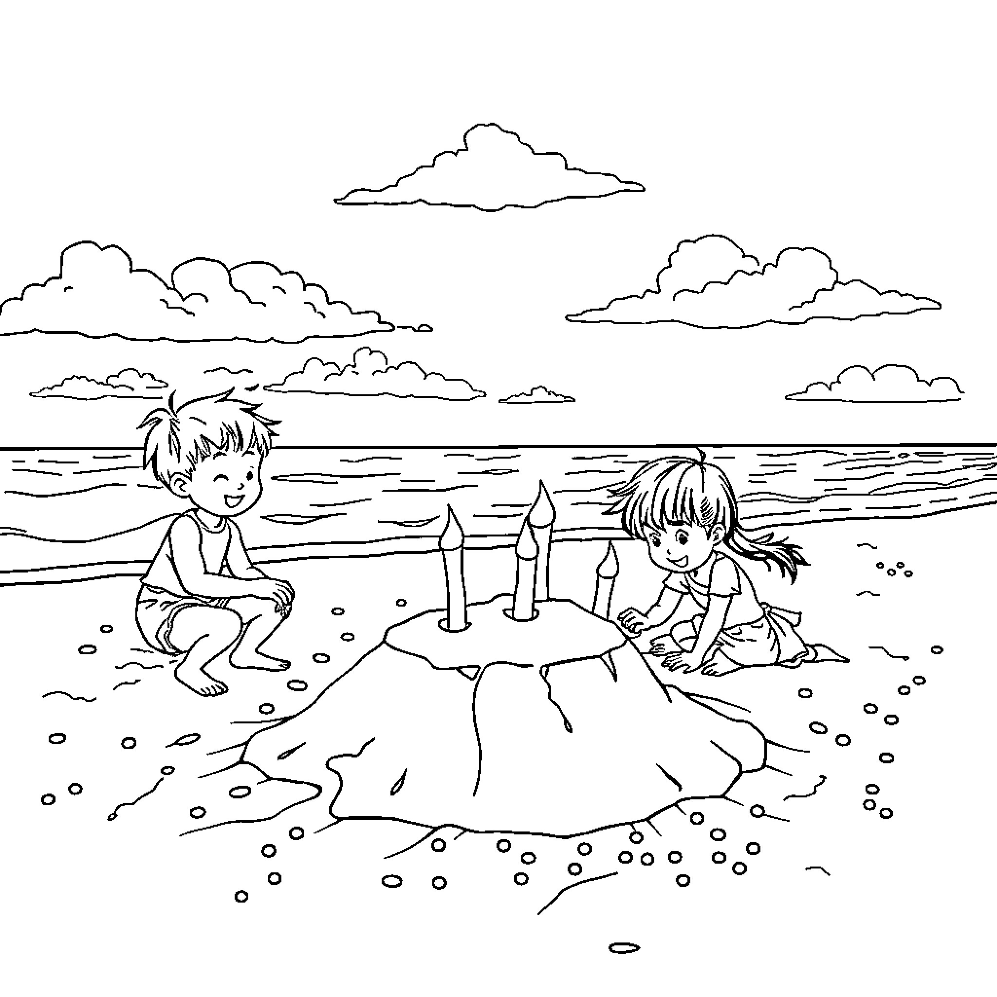 Sandcastle building children playing on the beach Coloring Page (free black-and-white line drawing printable PDF for all, from beginners to advanced learners, including children, teens, adults, and seniors)