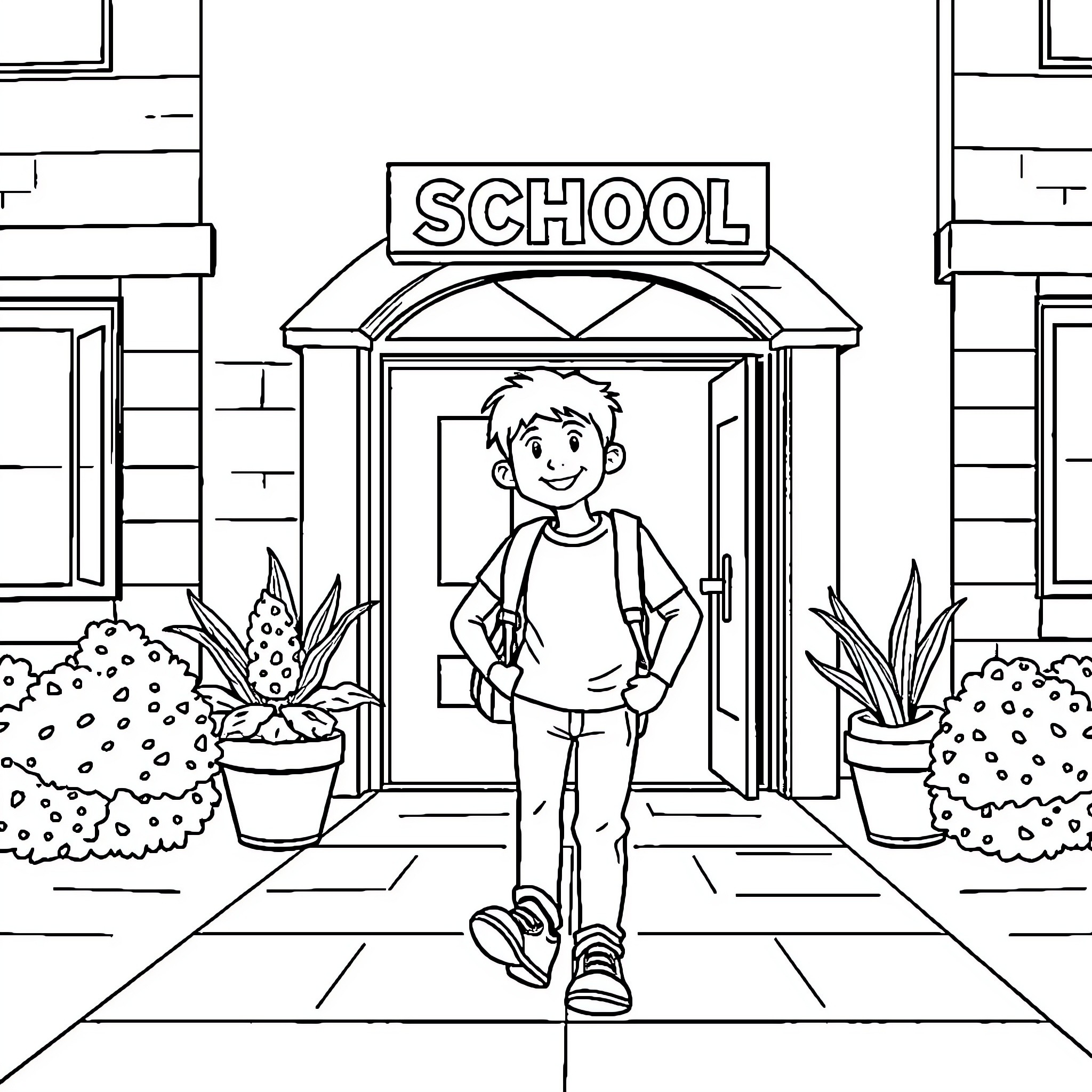Student standing in front of school entrance Coloring Page (free black-and-white line drawing printable PDF for all, from beginners to advanced learners, including children, teens, adults, and seniors)