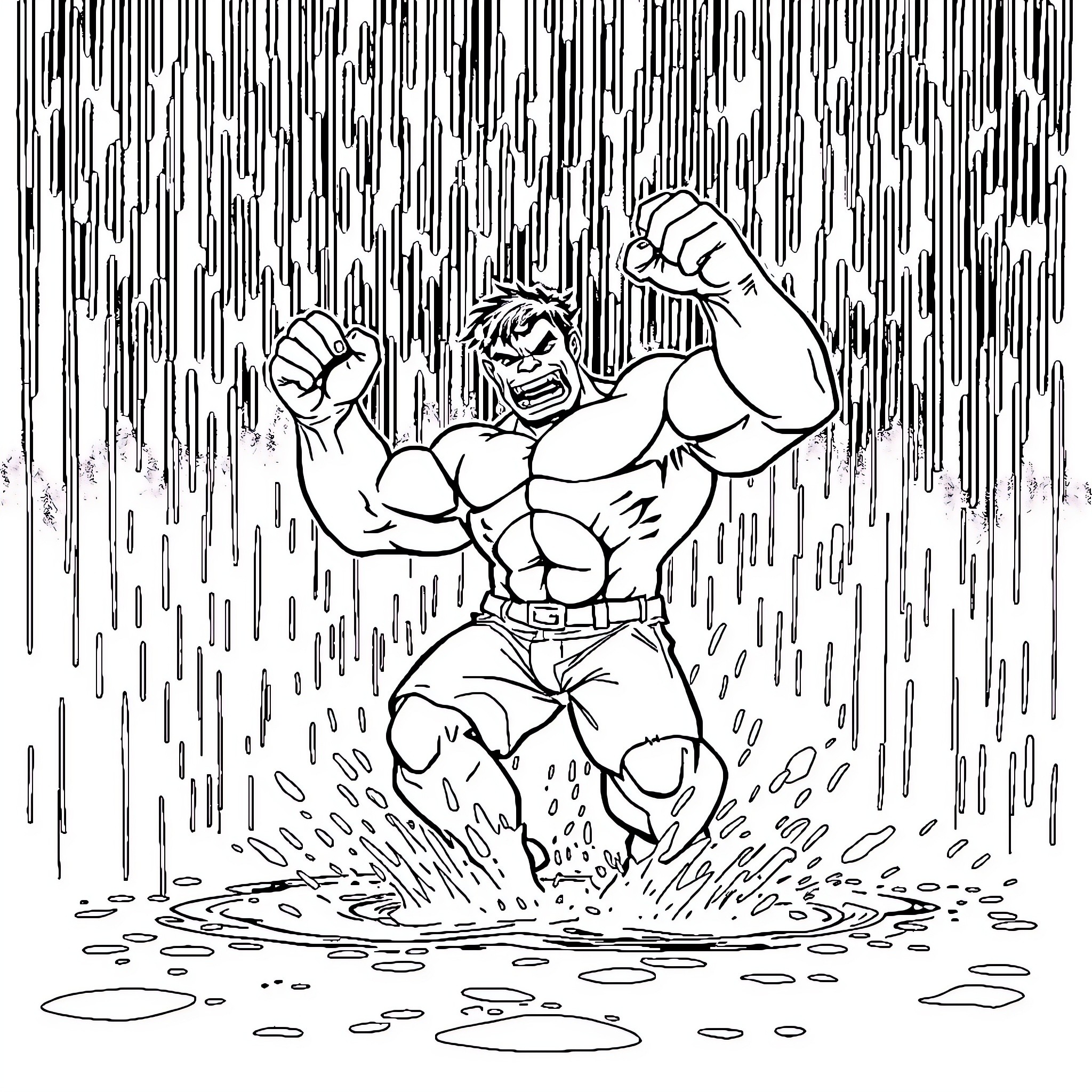 Hulk smashing through rain and storm Coloring Page (free black-and-white line drawing printable PDF for all, from beginners to advanced learners, including children, teens, adults, and seniors)