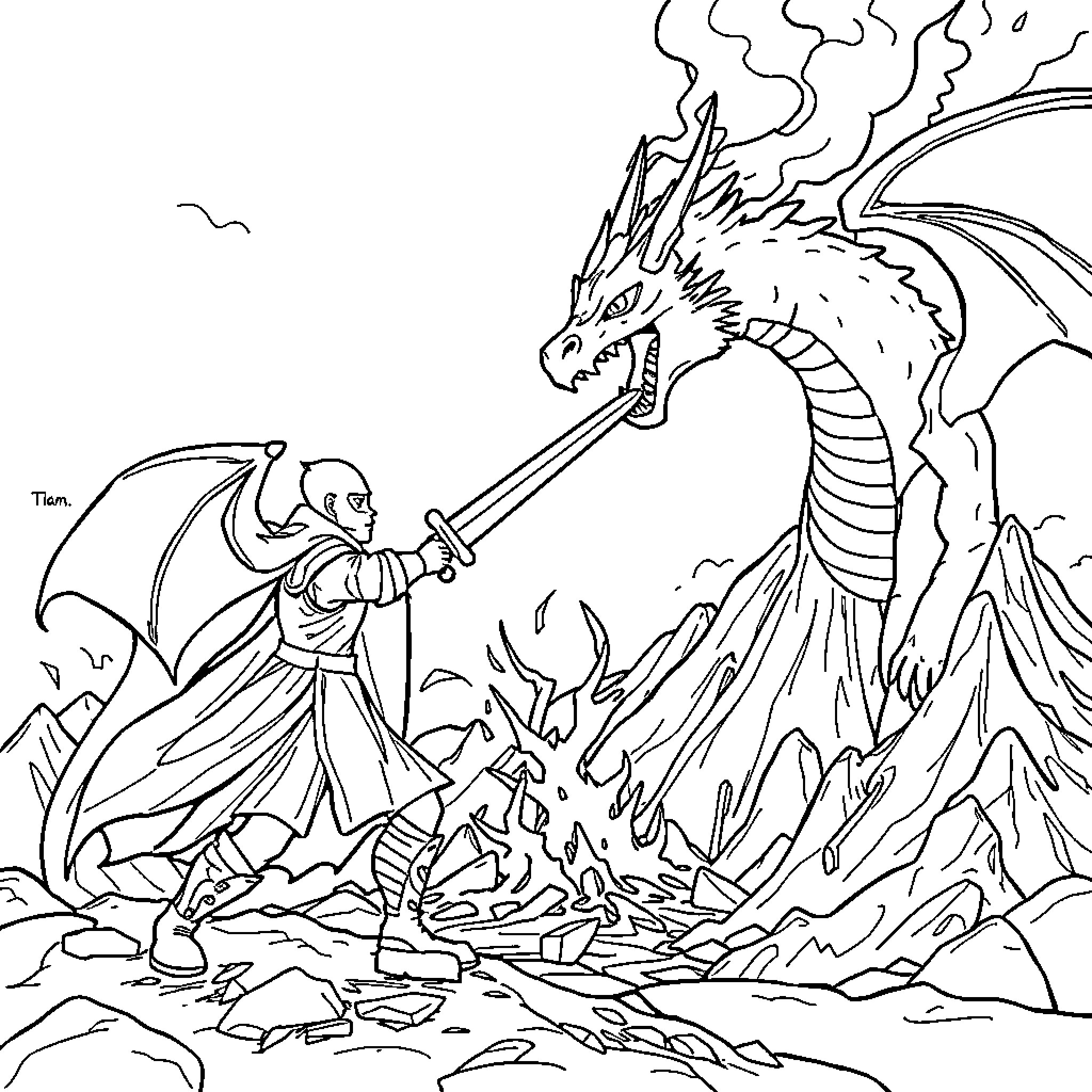 Knight battling a fierce dragon in a fiery landscape Coloring Page (free black-and-white line drawing printable PDF for all, from beginners to advanced learners, including children, teens, adults, and seniors)