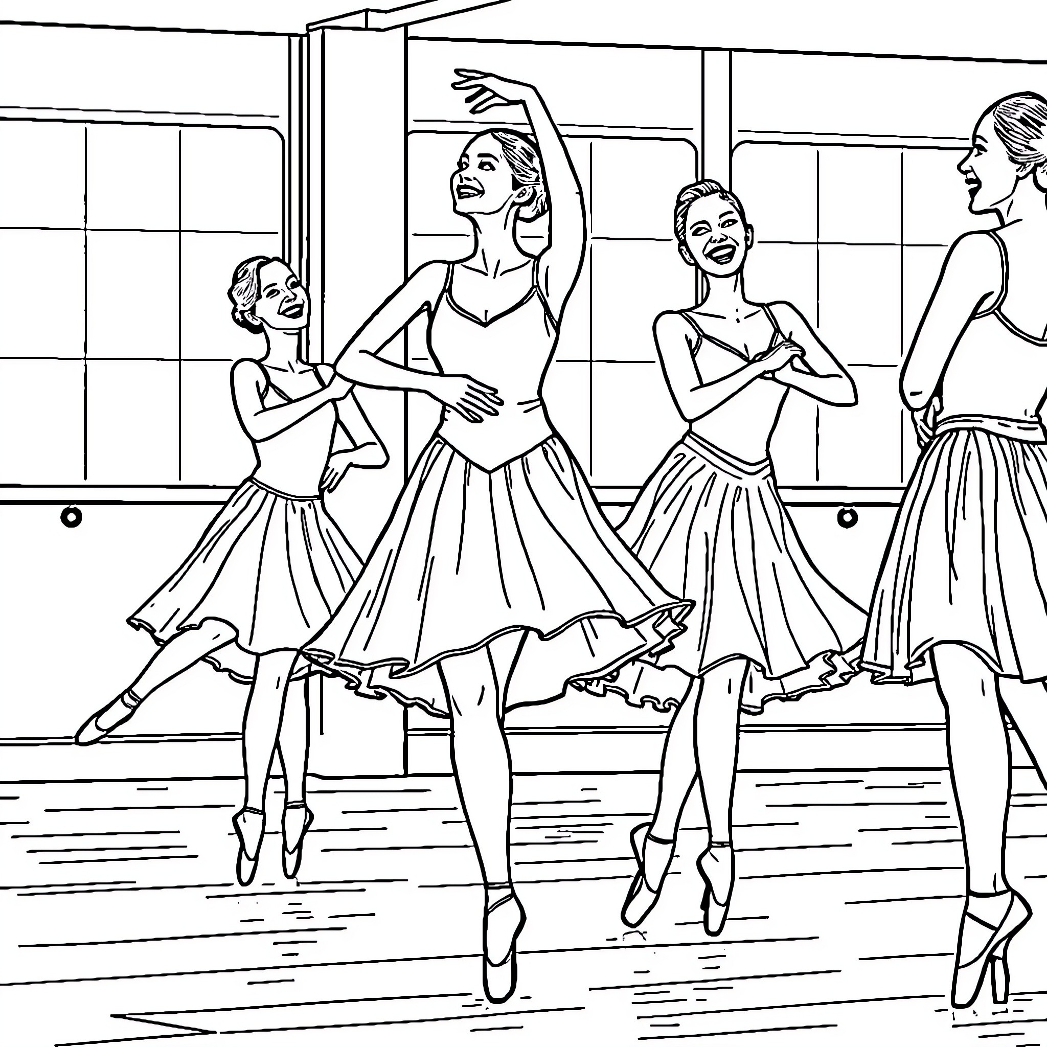 Ballerina dancers performing elegant ballet routine Coloring Page (free black-and-white line drawing printable PDF for all, from beginners to advanced learners, including children, teens, adults, and seniors)