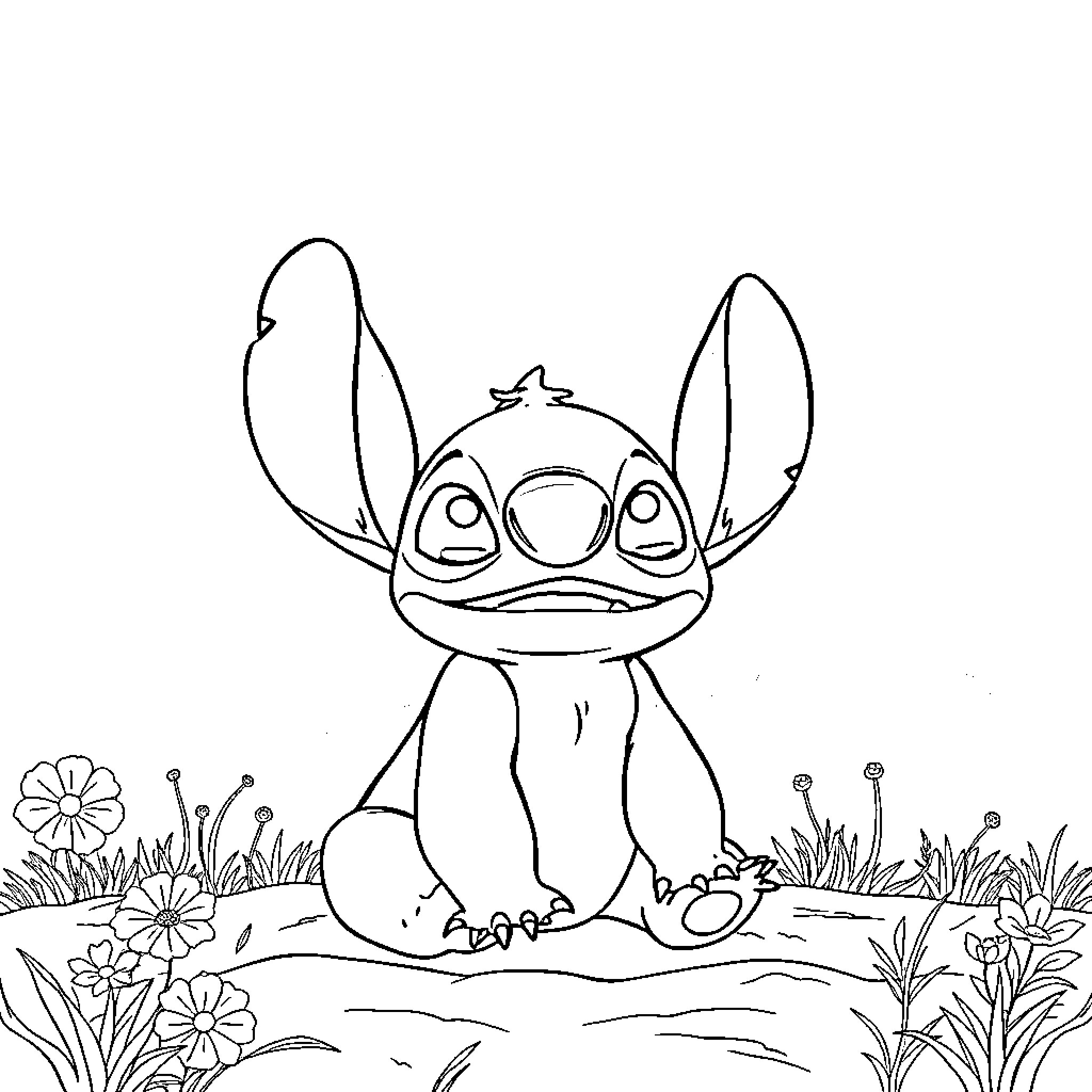 Stitch in a Peaceful Garden Surrounded by Nature Coloring Page (free black-and-white line drawing printable PDF for all, from beginners to advanced learners, including children, teens, adults, and seniors)