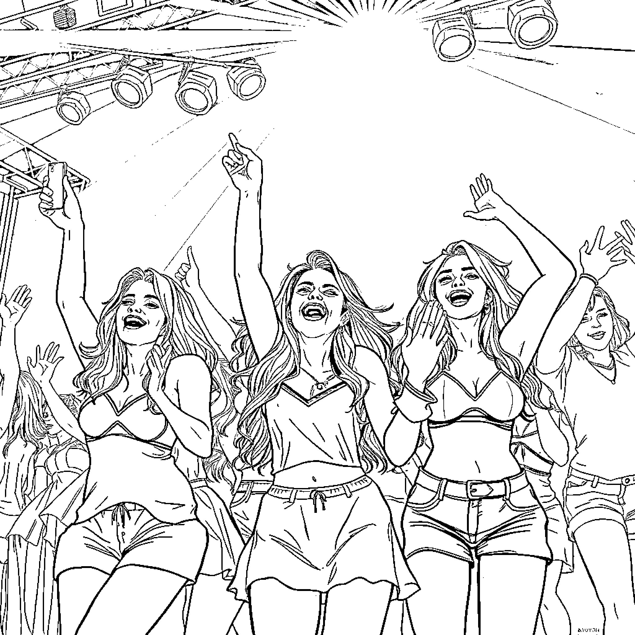 Girl group dancing on stage with excitement Coloring Page (free black-and-white line drawing printable PDF for all, from beginners to advanced learners, including children, teens, adults, and seniors)