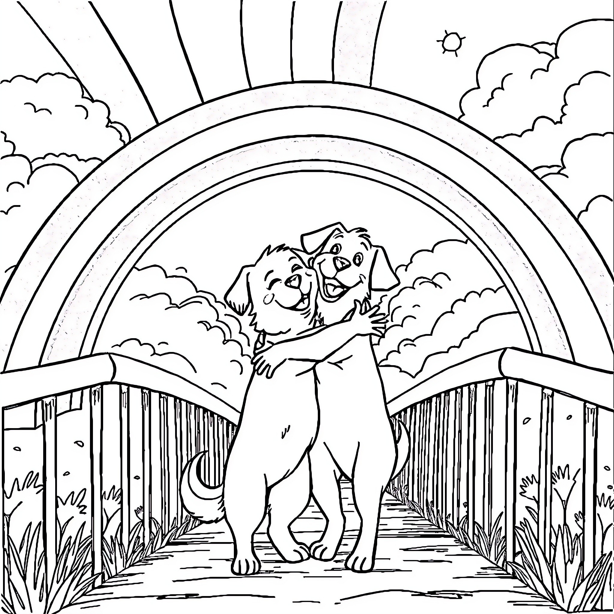 Dog playing joyfully on a bridge in nature Coloring Page (free black-and-white line drawing printable PDF for all, from beginners to advanced learners, including children, teens, adults, and seniors)