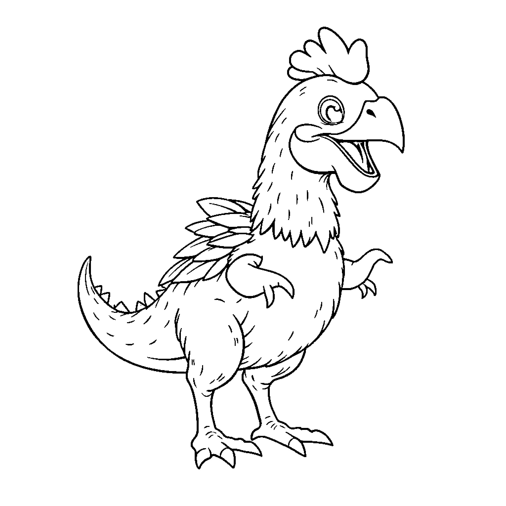 Chicken standing with open beak Coloring Page (free black-and-white line drawing printable PDF for all, from beginners to advanced learners, including children, teens, adults, and seniors)