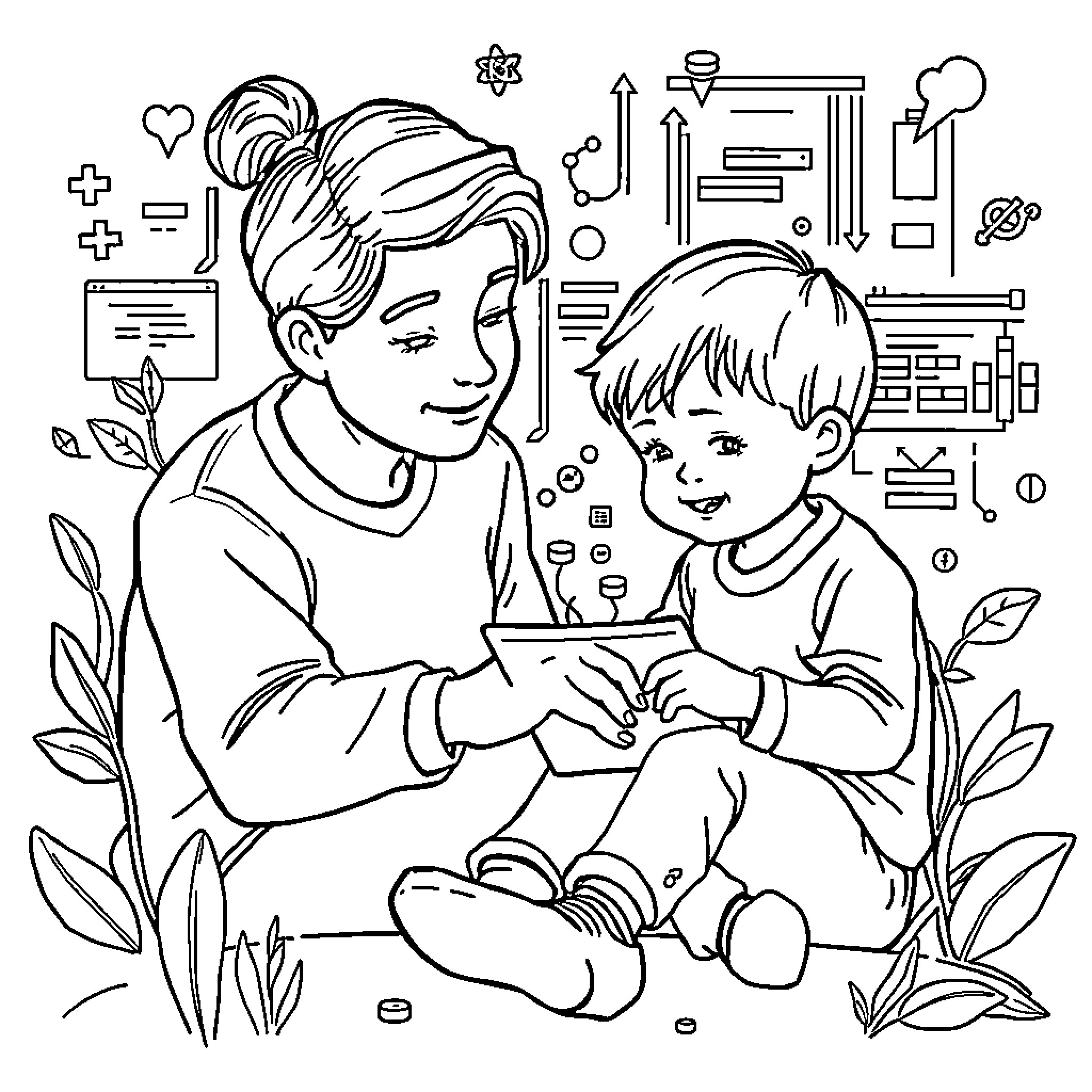 Function of Caring and Learning Coloring Page (free black-and-white line drawing printable PDF for all, from beginners to advanced learners, including children, teens, adults, and seniors)