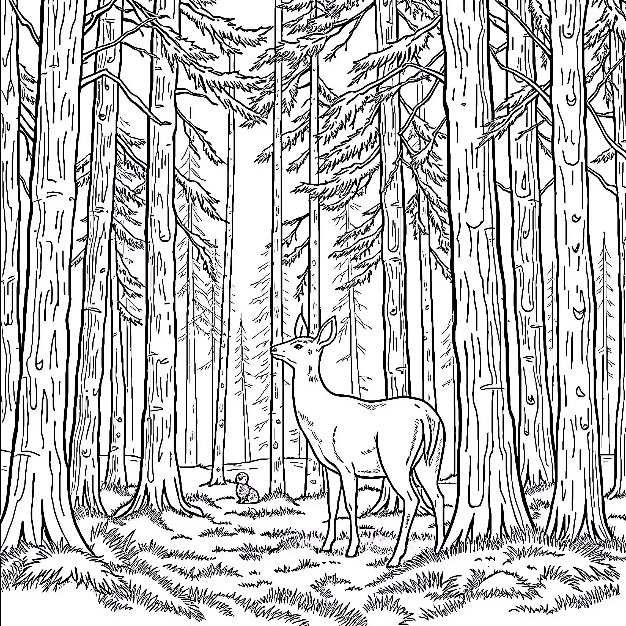 Deer alone in the serene forest Coloring Page (free black-and-white line drawing printable PDF for all, from beginners to advanced learners, including children, teens, adults, and seniors)