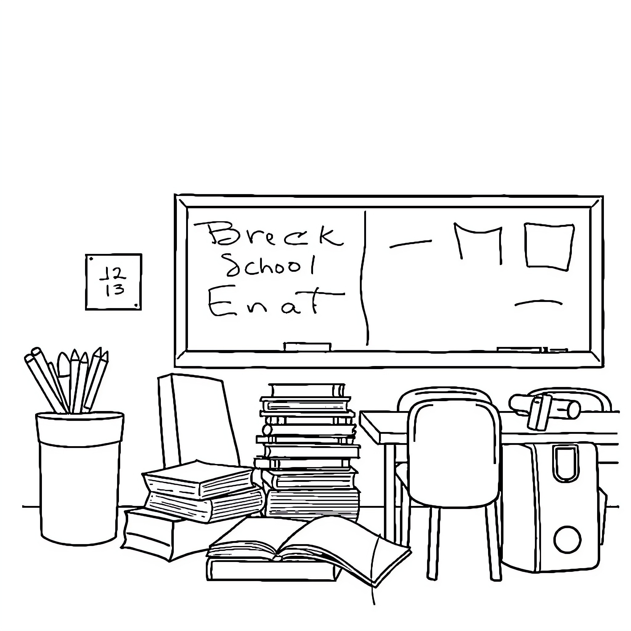 Back to School Supplies and Classroom Scene Coloring Page (free black-and-white line drawing printable PDF for all, from beginners to advanced learners, including children, teens, adults, and seniors)