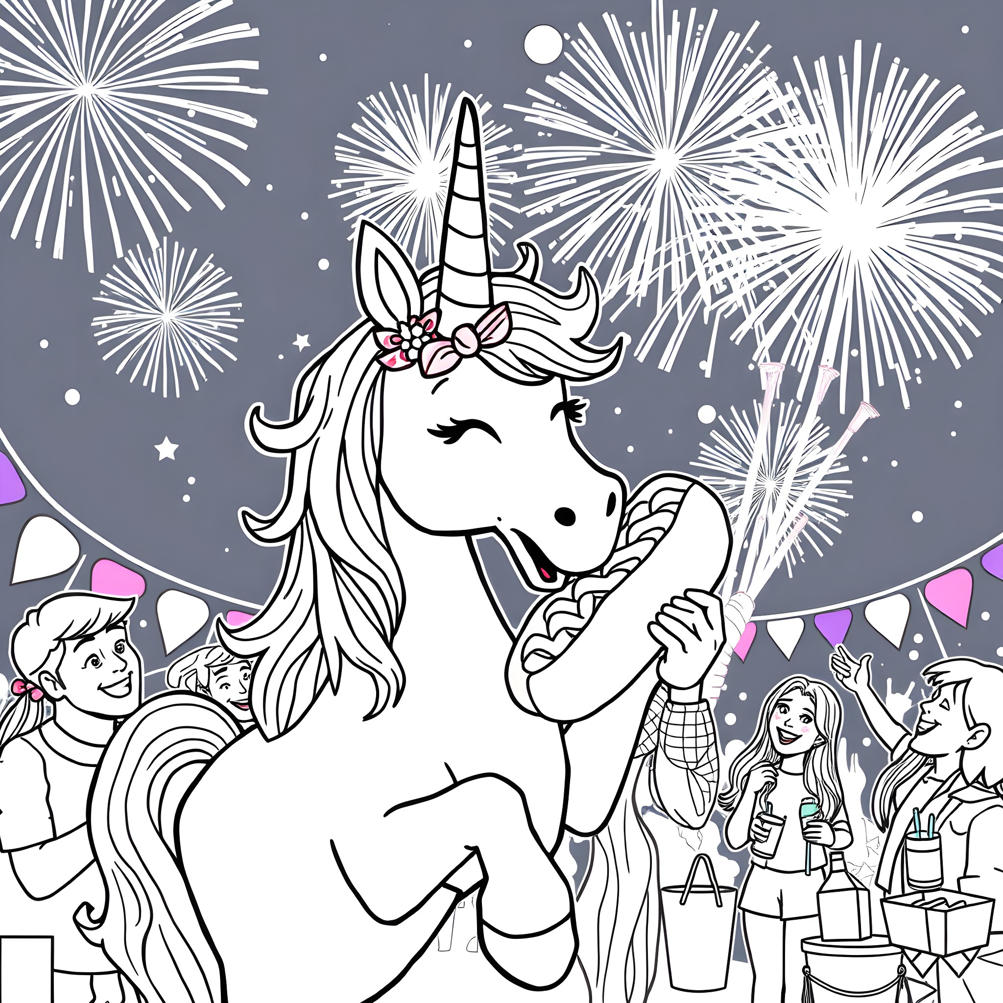 Unicorn celebrating with friends under fireworks display Coloring Page (free black-and-white line drawing printable PDF for all, from beginners to advanced learners, including children, teens, adults, and seniors)