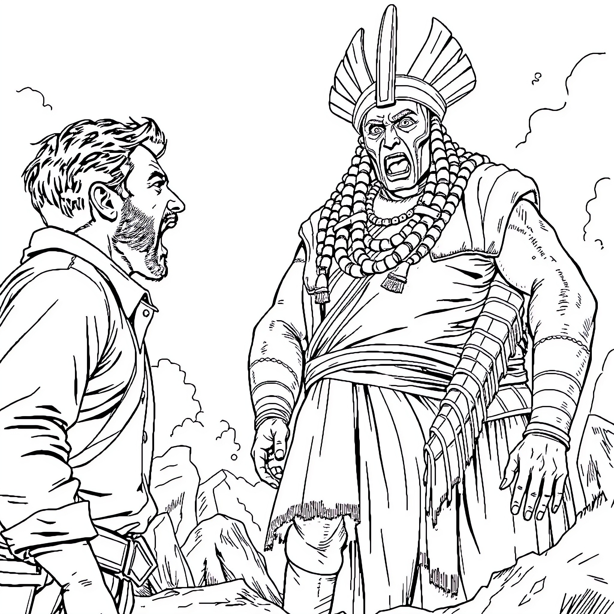 Oscar Isaac in a dramatic confrontation with a noble warrior Coloring Page (free black-and-white line drawing printable PDF for all, from beginners to advanced learners, including children, teens, adults, and seniors)