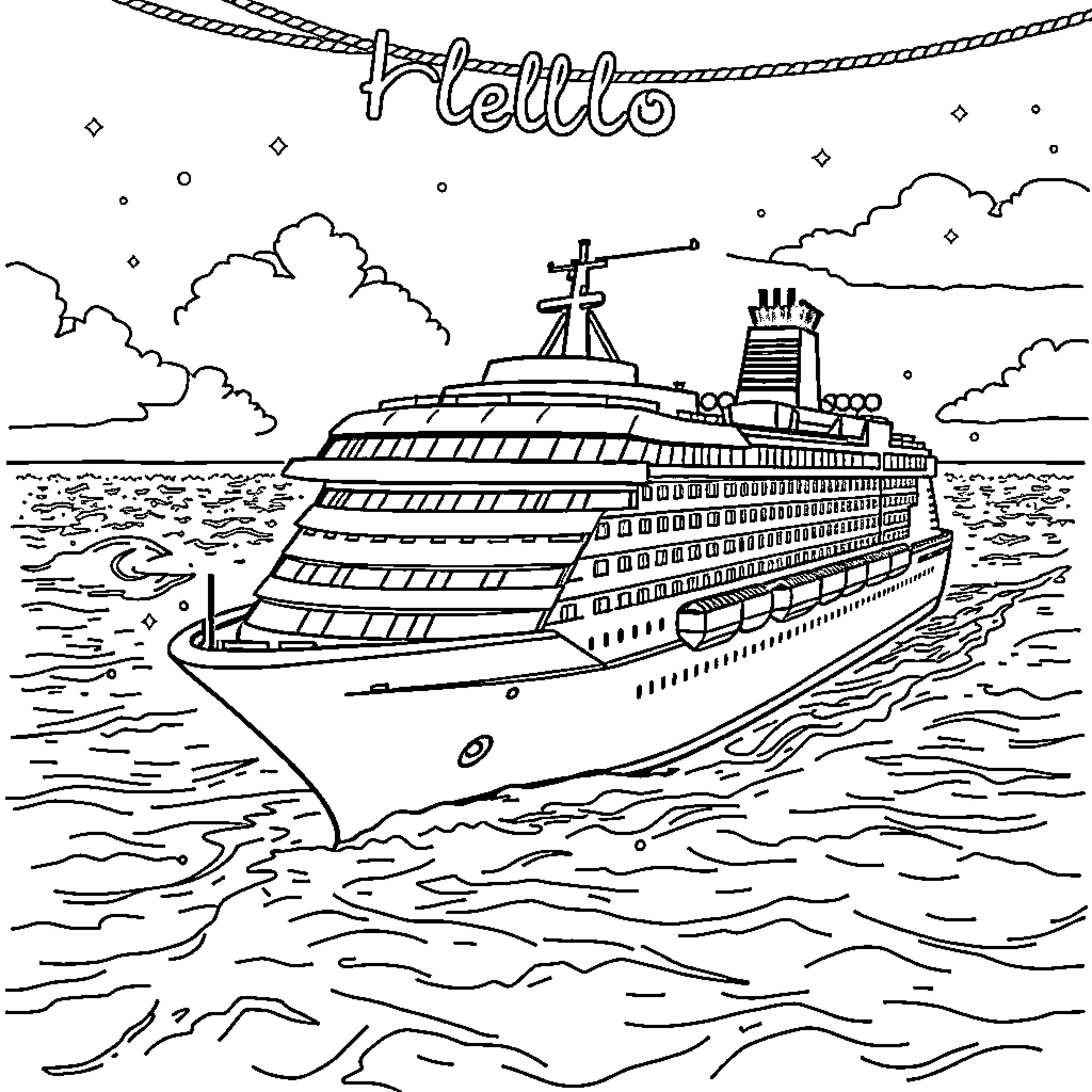 Cruise ship sailing across the open waters Coloring Page (free black-and-white line drawing printable PDF for all, from beginners to advanced learners, including children, teens, adults, and seniors)