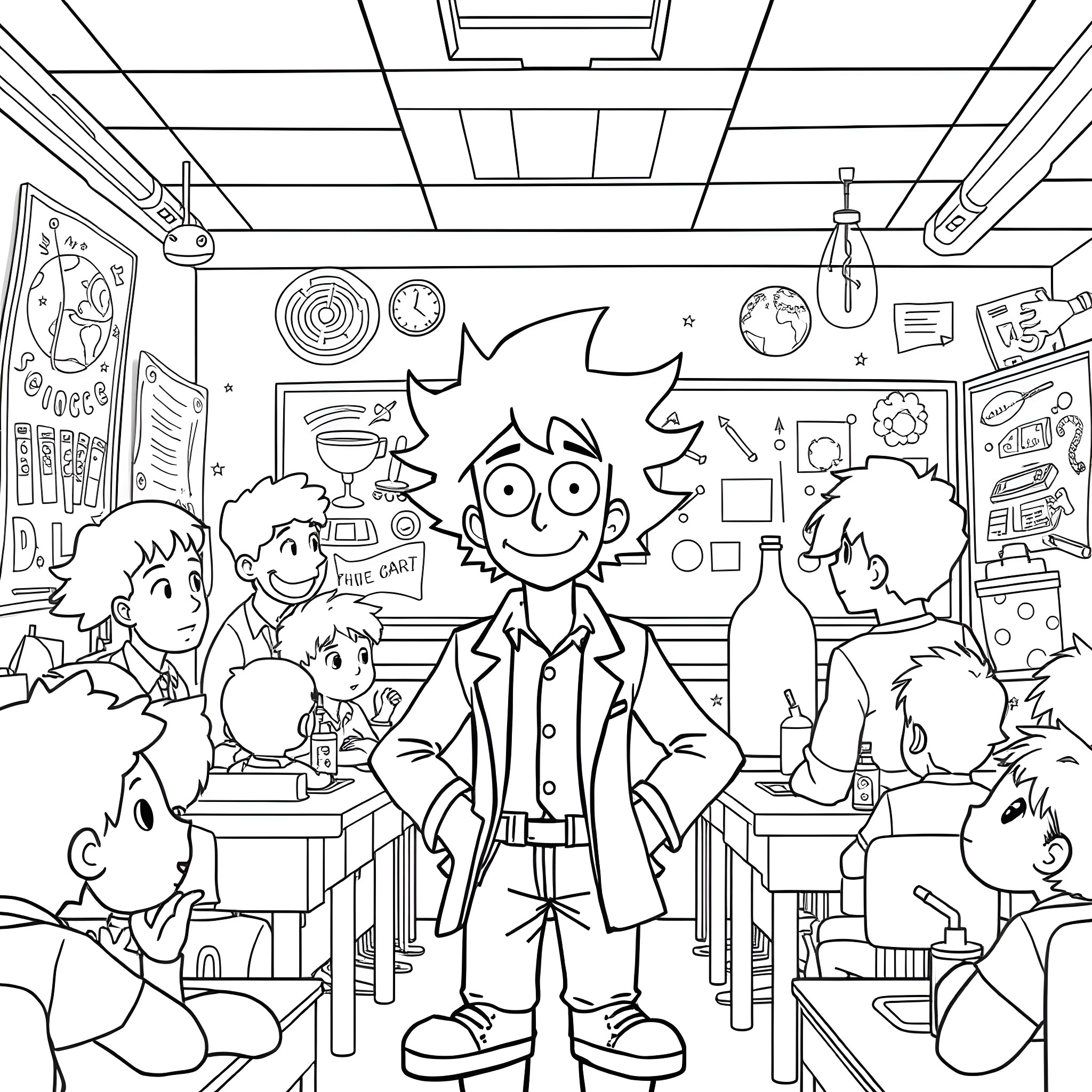 Spike Spiegel in the chaotic classroom Coloring Page (free black-and-white line drawing printable PDF for all, from beginners to advanced learners, including children, teens, adults, and seniors)