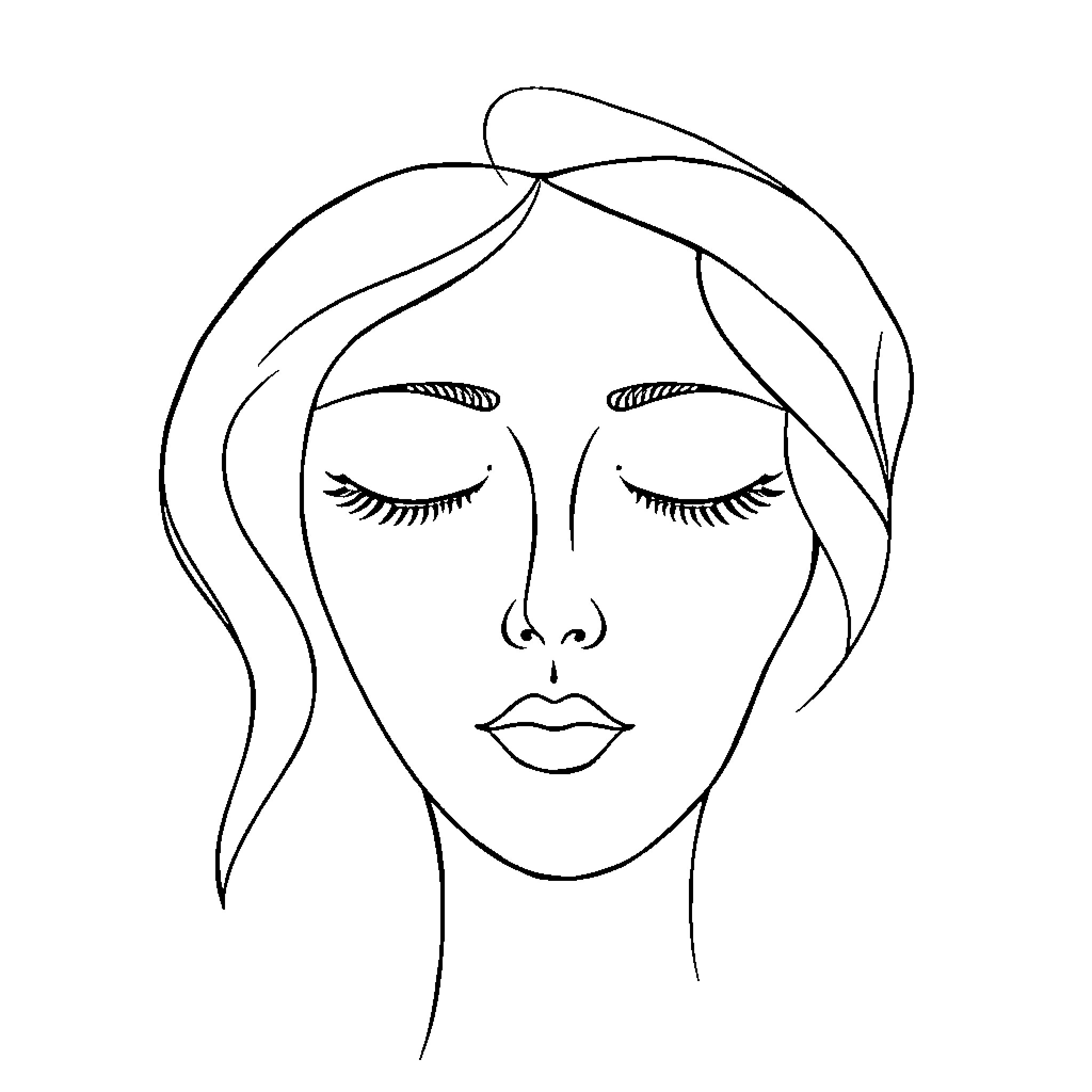 Human Face with Peaceful Expression Coloring Page (free black-and-white line drawing printable PDF for all, from beginners to advanced learners, including children, teens, adults, and seniors)