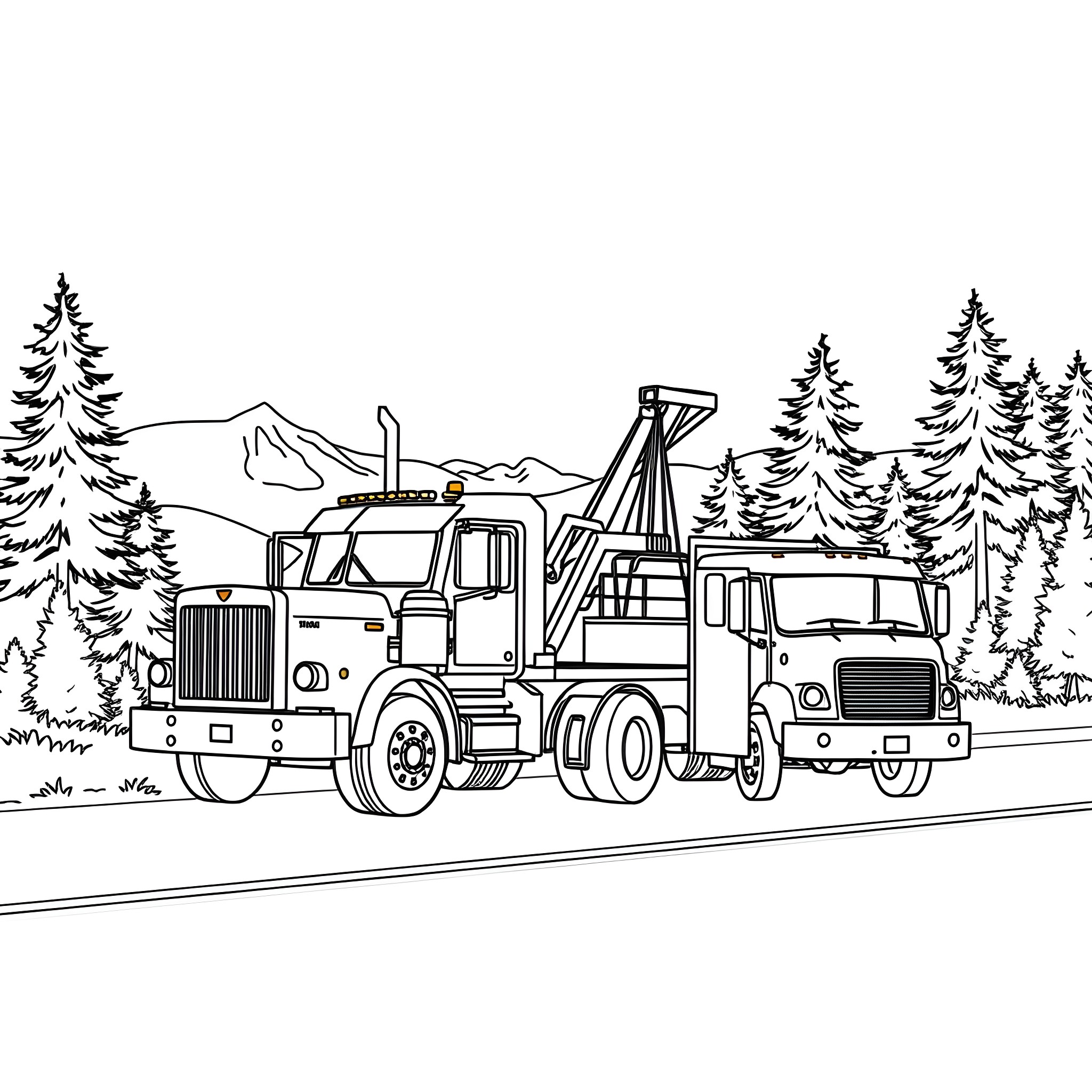 Tow Pickup Truck Transporting Heavy Load in Nature Coloring Page (free black-and-white line drawing printable PDF for all, from beginners to advanced learners, including children, teens, adults, and seniors)