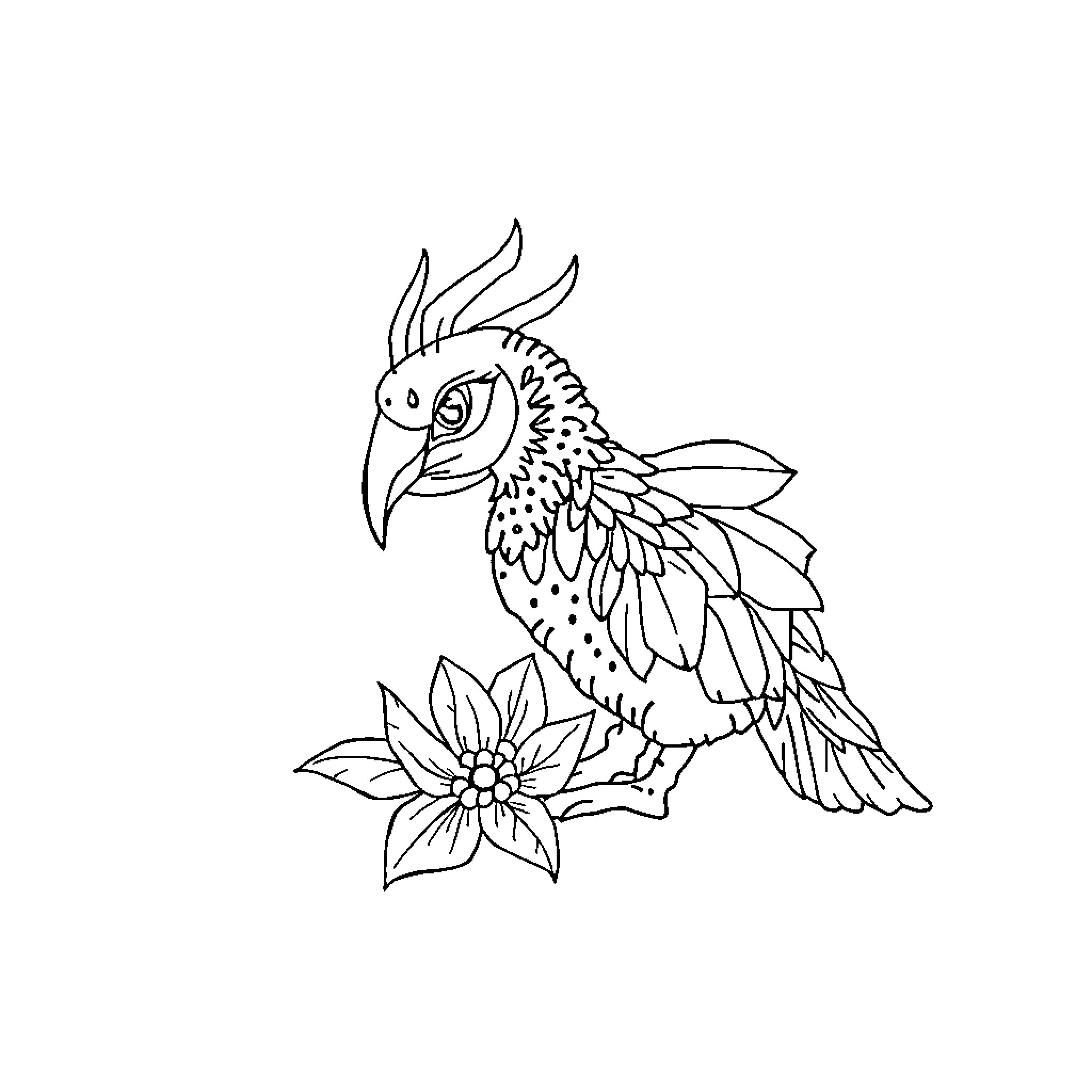 Mandalas of a detailed bird with a flower Coloring Page (free black-and-white line drawing printable PDF for all, from beginners to advanced learners, including children, teens, adults, and seniors)