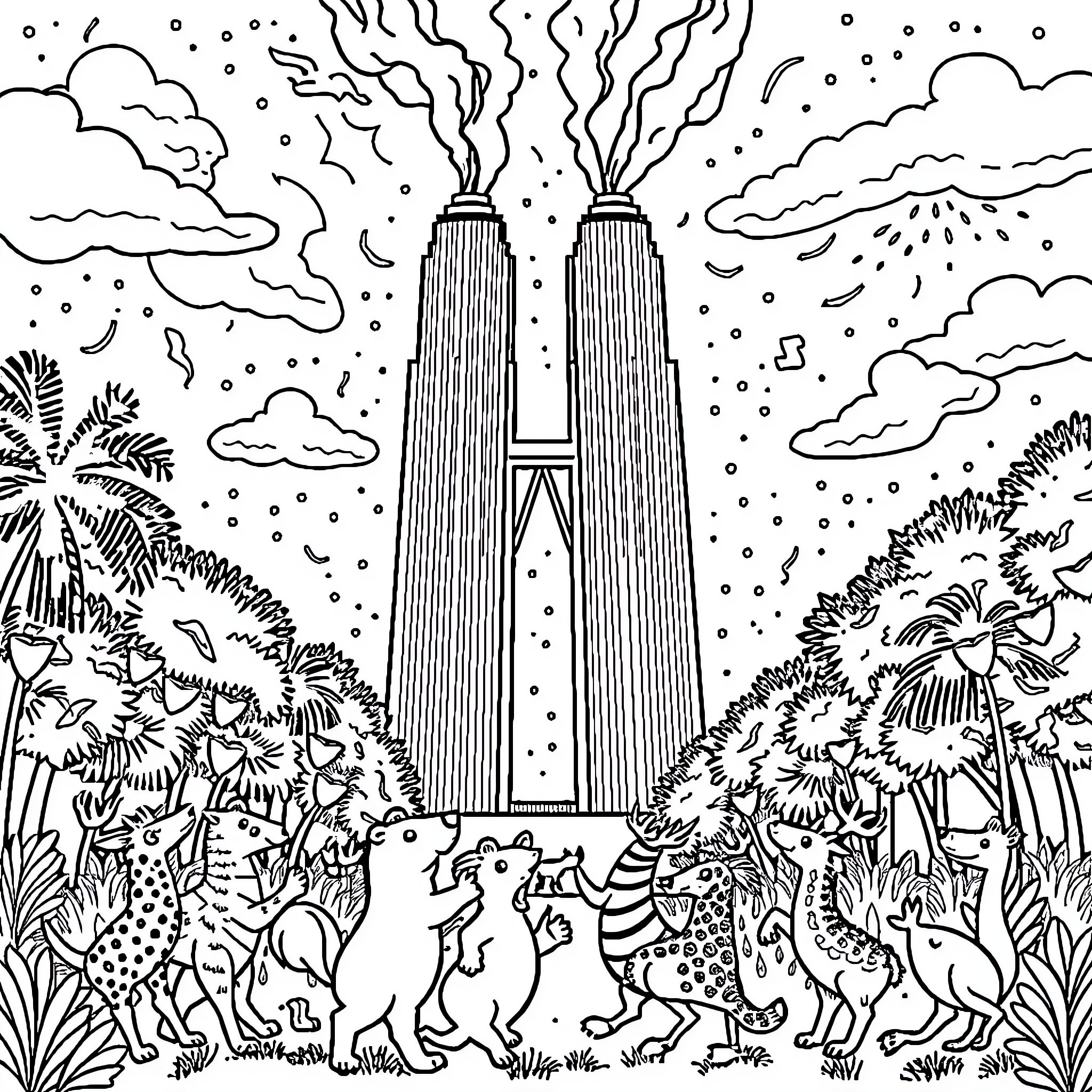 Animal Gathering Amidst Volcanic Eruption Coloring Page (free black-and-white line drawing printable PDF for all, from beginners to advanced learners, including children, teens, adults, and seniors)