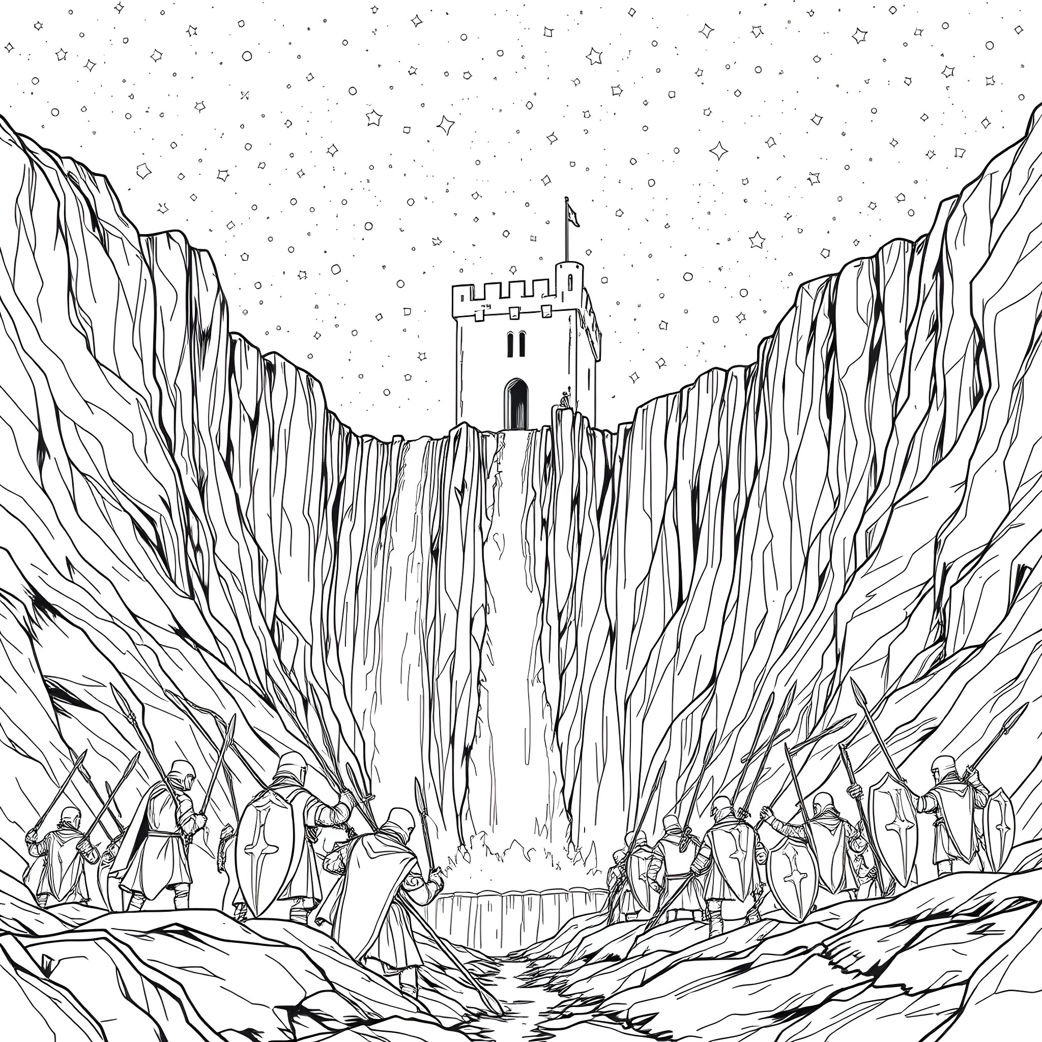 Helm's Deep - Armies assembled before the castle Coloring Page (free black-and-white line drawing printable PDF for all, from beginners to advanced learners, including children, teens, adults, and seniors)