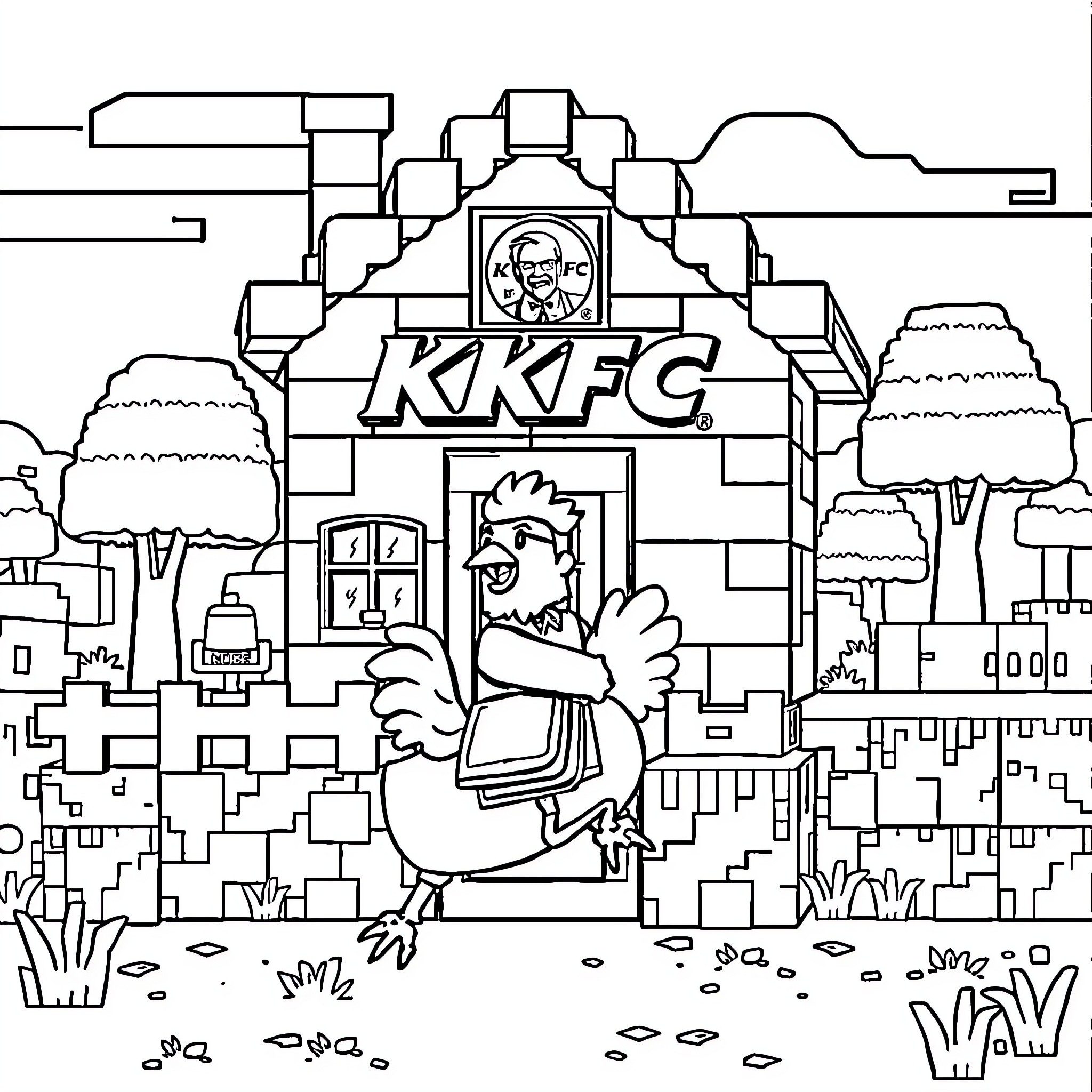 Minecraft KFC Chicken Restaurant in Pixelated Cityscape Coloring Page (free black-and-white line drawing printable PDF for all, from beginners to advanced learners, including children, teens, adults, and seniors)
