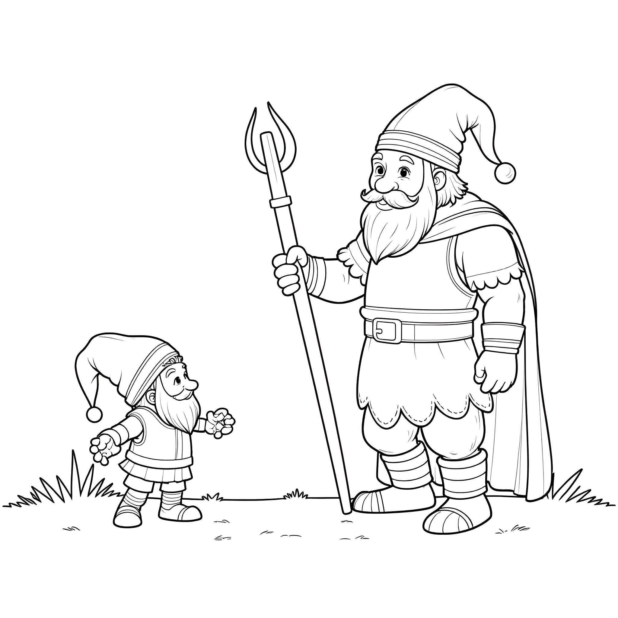David and Dwarf in Winter Attire Coloring Page (free black-and-white line drawing printable PDF for all, from beginners to advanced learners, including children, teens, adults, and seniors)