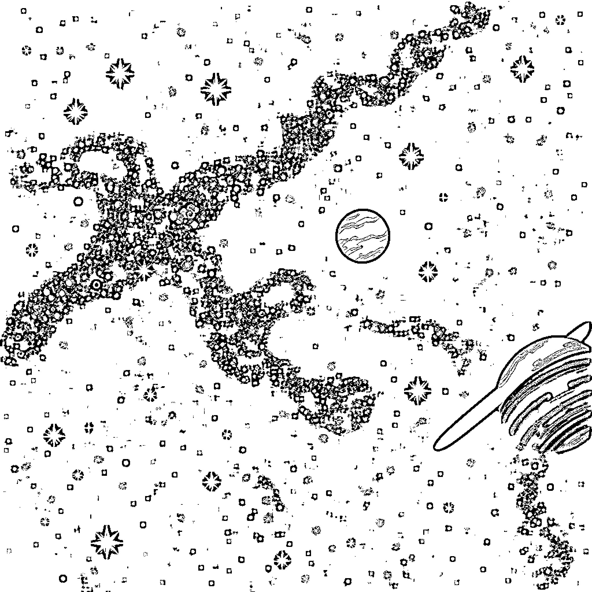 Space scene with celestial objects and abstractions Coloring Page (free black-and-white line drawing printable PDF for all, from beginners to advanced learners, including children, teens, adults, and seniors)