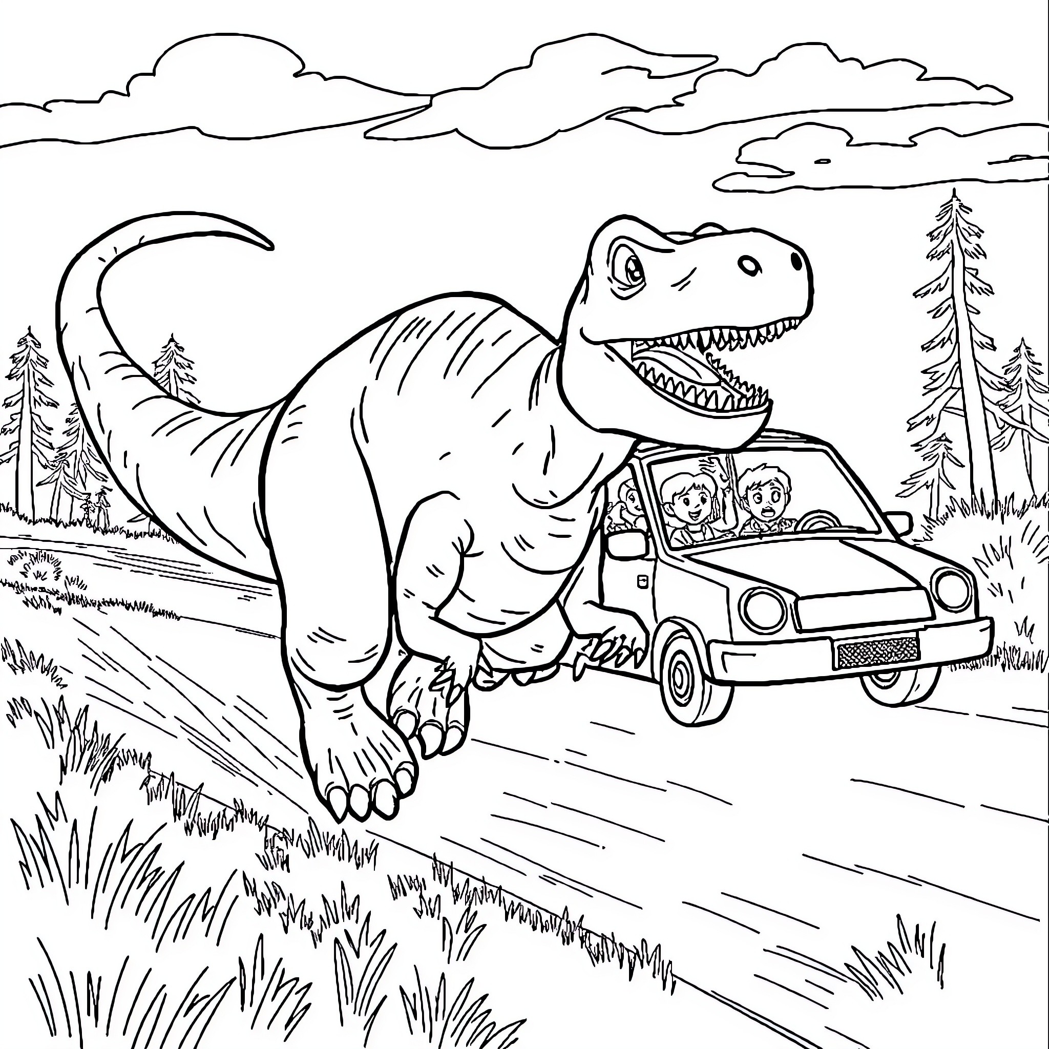 Dinosaur chasing a car on the road through the forest Coloring Page (free black-and-white line drawing printable PDF for all, from beginners to advanced learners, including children, teens, adults, and seniors)