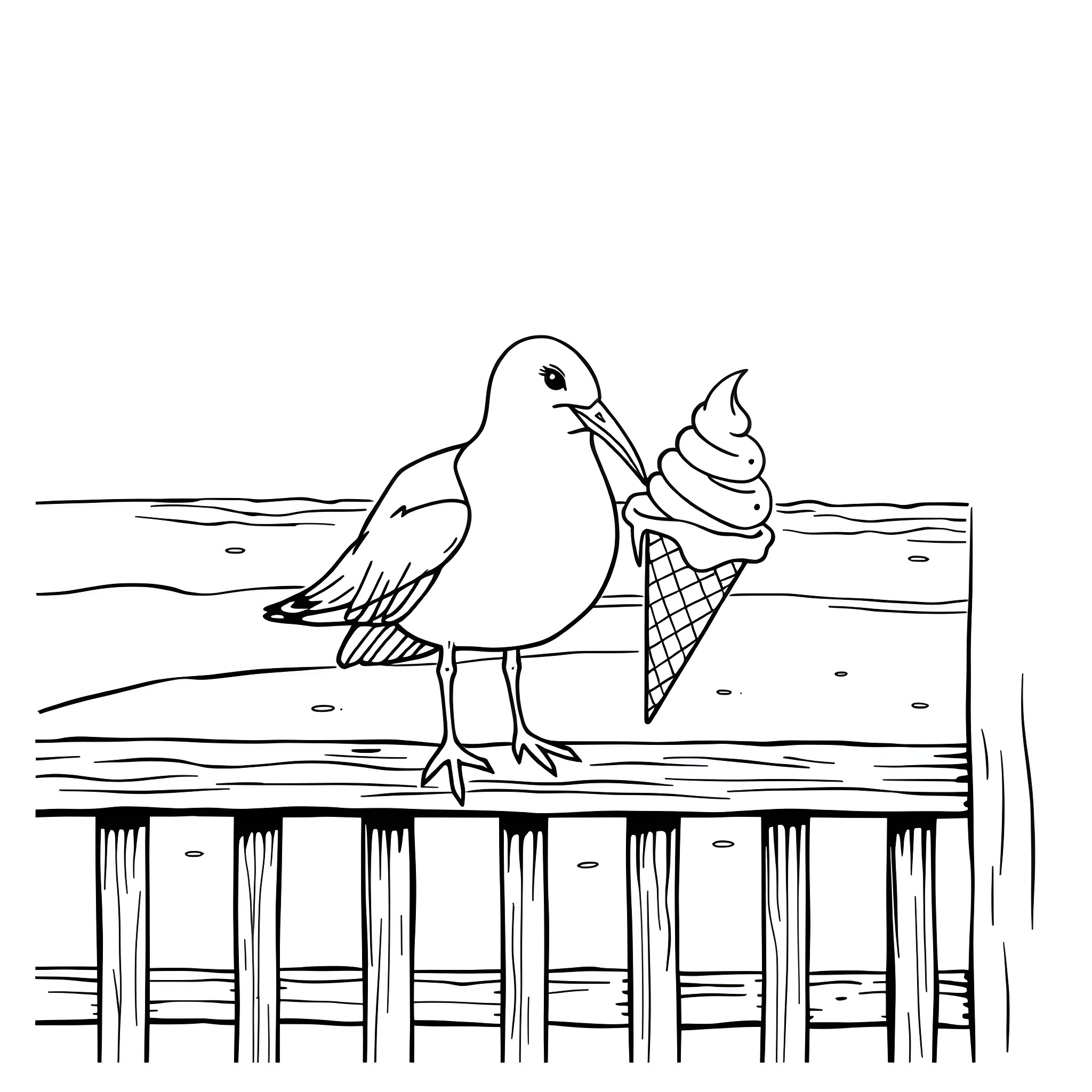 Seagull enjoying an ice cream cone on the beach Coloring Page (free black-and-white line drawing printable PDF for all, from beginners to advanced learners, including children, teens, adults, and seniors)