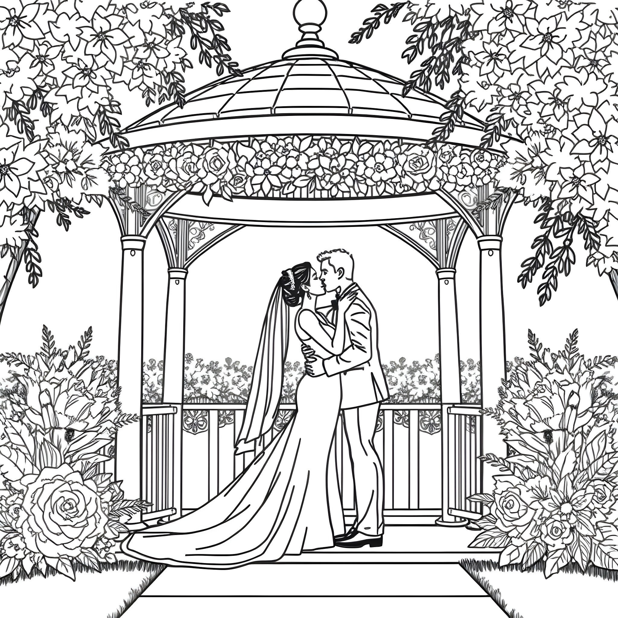 Bride and Groom Embracing in Floral Gazebo Coloring Page (free black-and-white line drawing printable PDF for all, from beginners to advanced learners, including children, teens, adults, and seniors)
