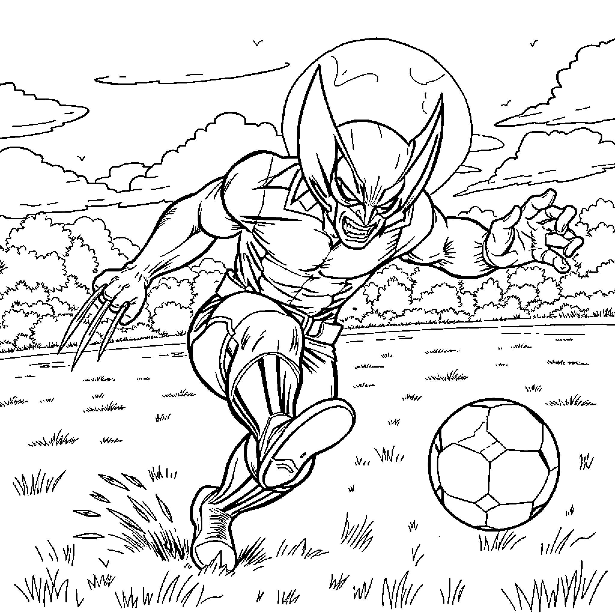 Wolverine engaging in playful sports activity Coloring Page (free black-and-white line drawing printable PDF for all, from beginners to advanced learners, including children, teens, adults, and seniors)