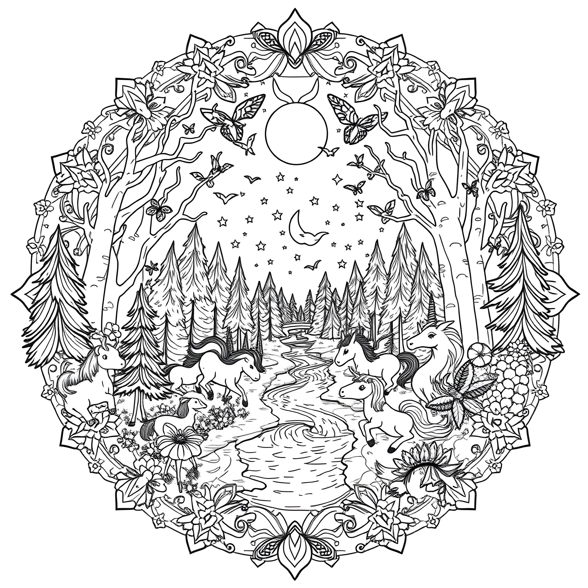 Mandala depicting a serene nocturnal forest scene Coloring Page (free black-and-white line drawing printable PDF for all, from beginners to advanced learners, including children, teens, adults, and seniors)
