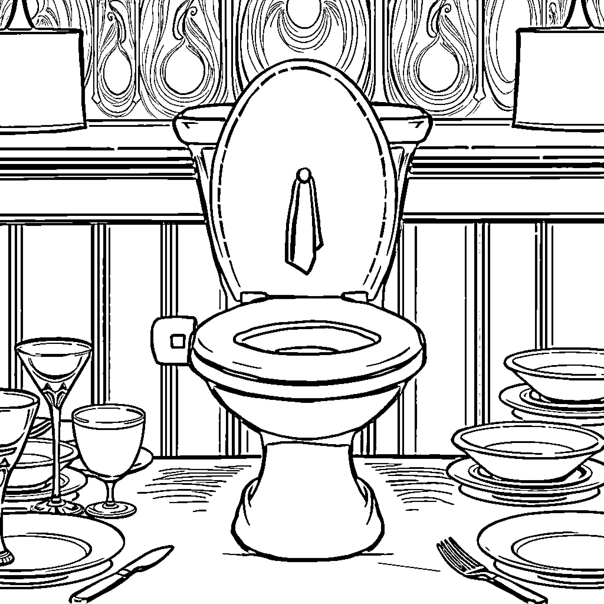 Toilet in the Midst of a Dining Scene Coloring Page (free black-and-white line drawing printable PDF for all, from beginners to advanced learners, including children, teens, adults, and seniors)