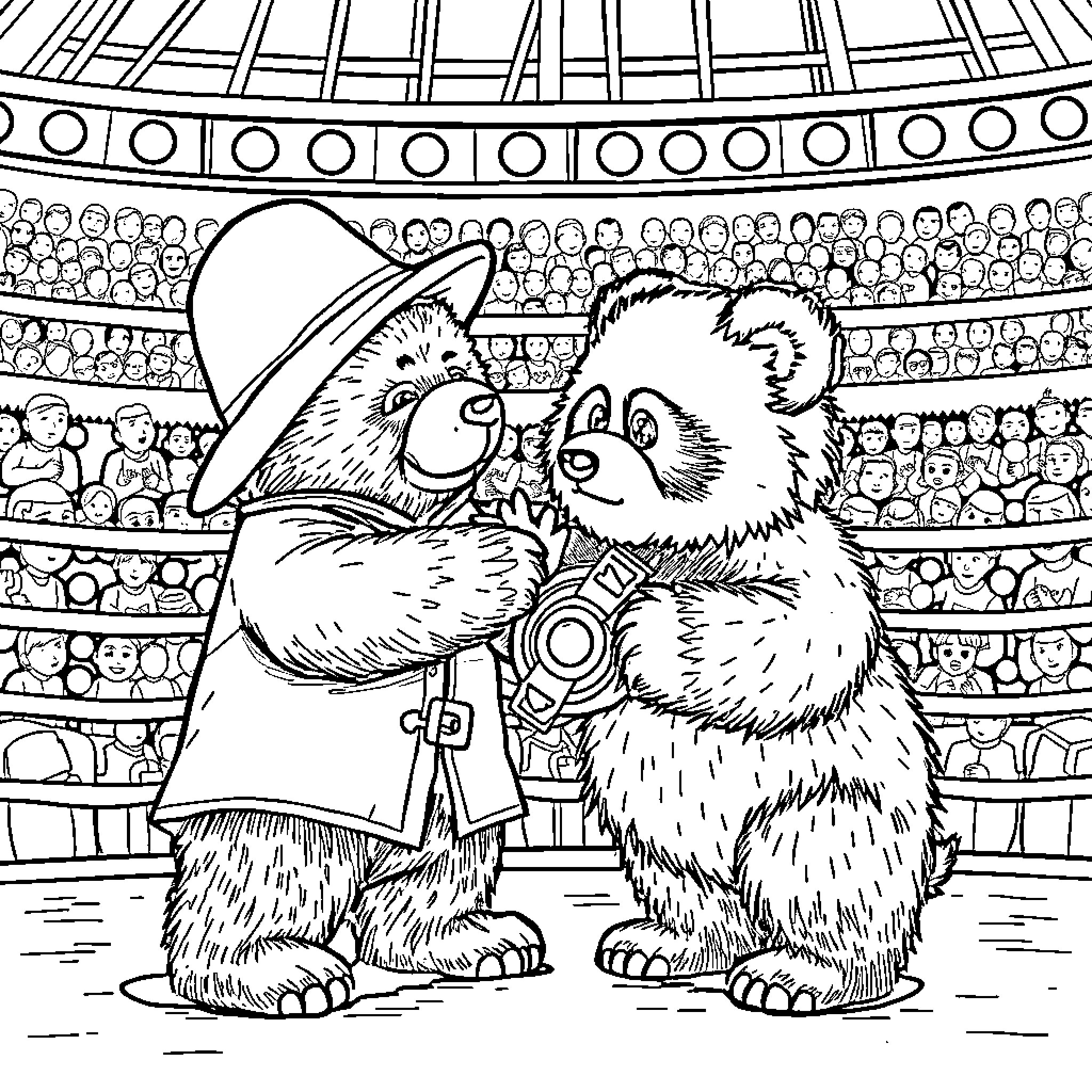 Paddington Bear and Friend in Performance Arena Coloring Page (free black-and-white line drawing printable PDF for all, from beginners to advanced learners, including children, teens, adults, and seniors)