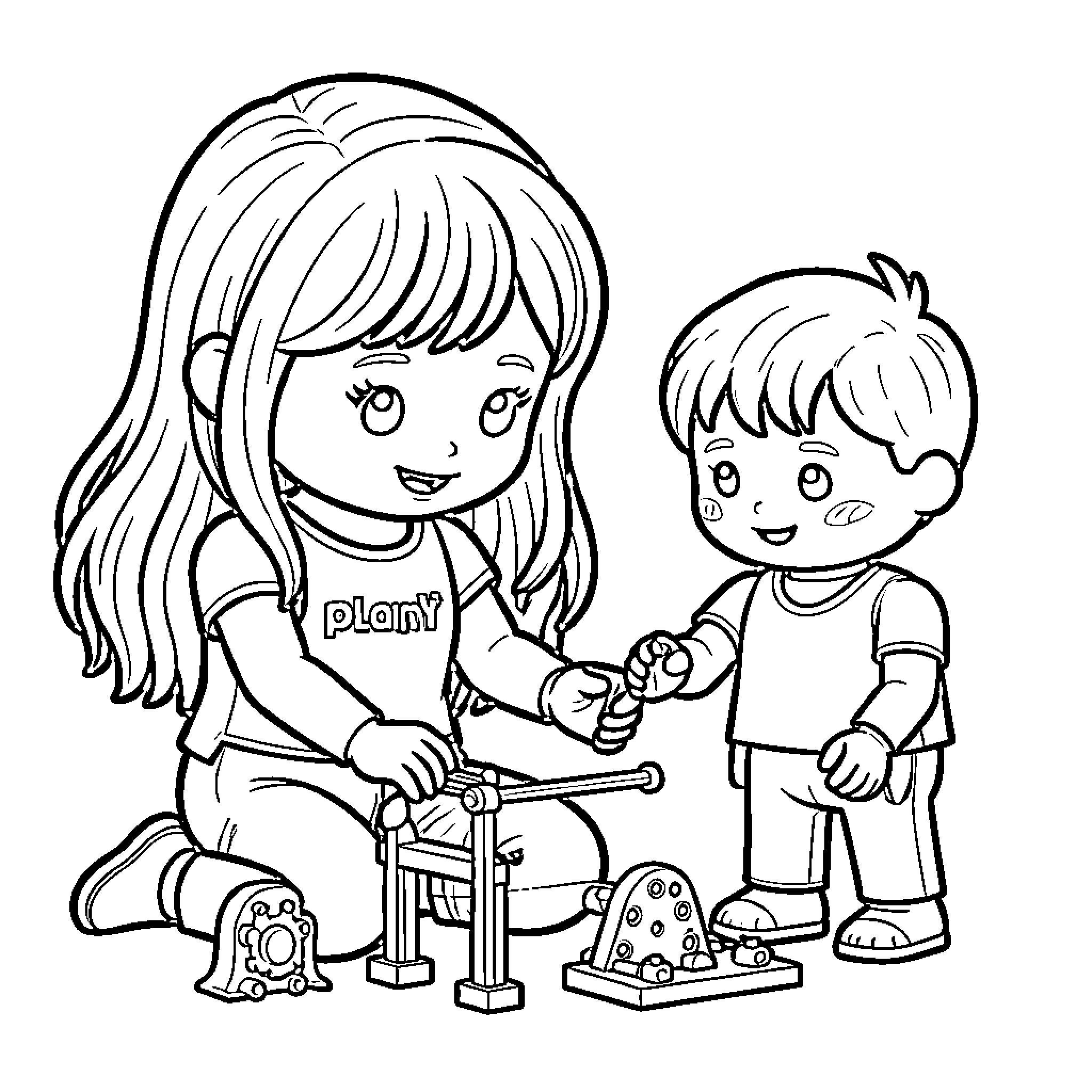 Fille playing with building blocks with a young boy Coloring Page (free black-and-white line drawing printable PDF for all, from beginners to advanced learners, including children, teens, adults, and seniors)