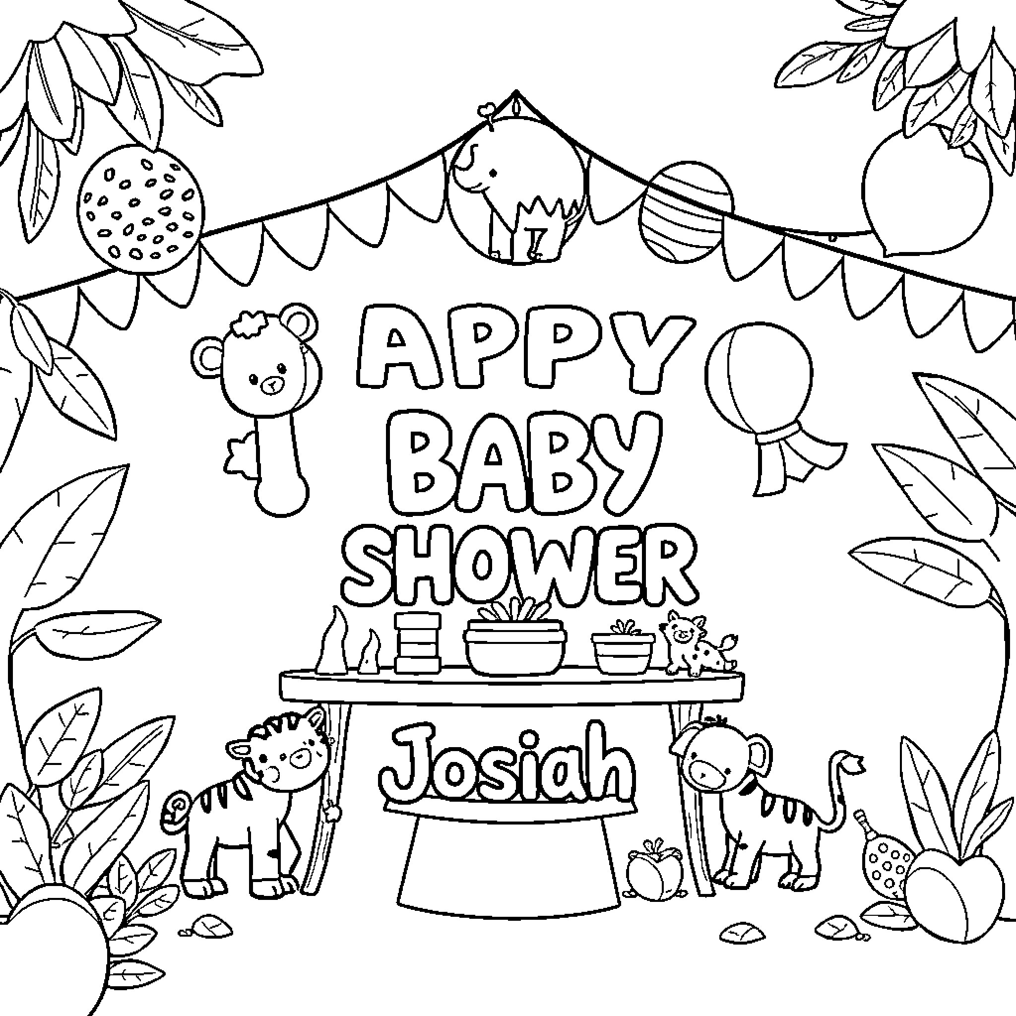 Animal themed baby shower celebration Coloring Page (free black-and-white line drawing printable PDF for all, from beginners to advanced learners, including children, teens, adults, and seniors)