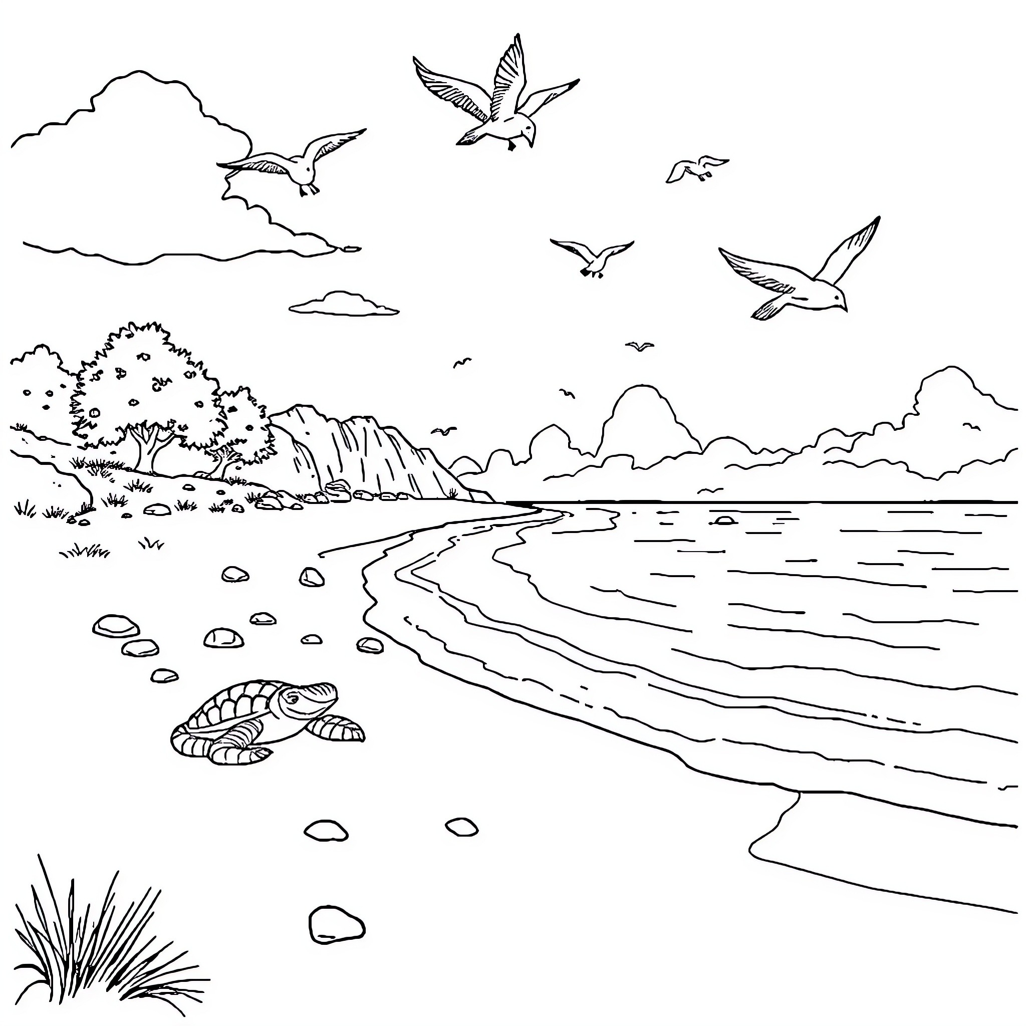 Crab exploring the tranquil beach with seagulls Coloring Page (free black-and-white line drawing printable PDF for all, from beginners to advanced learners, including children, teens, adults, and seniors)
