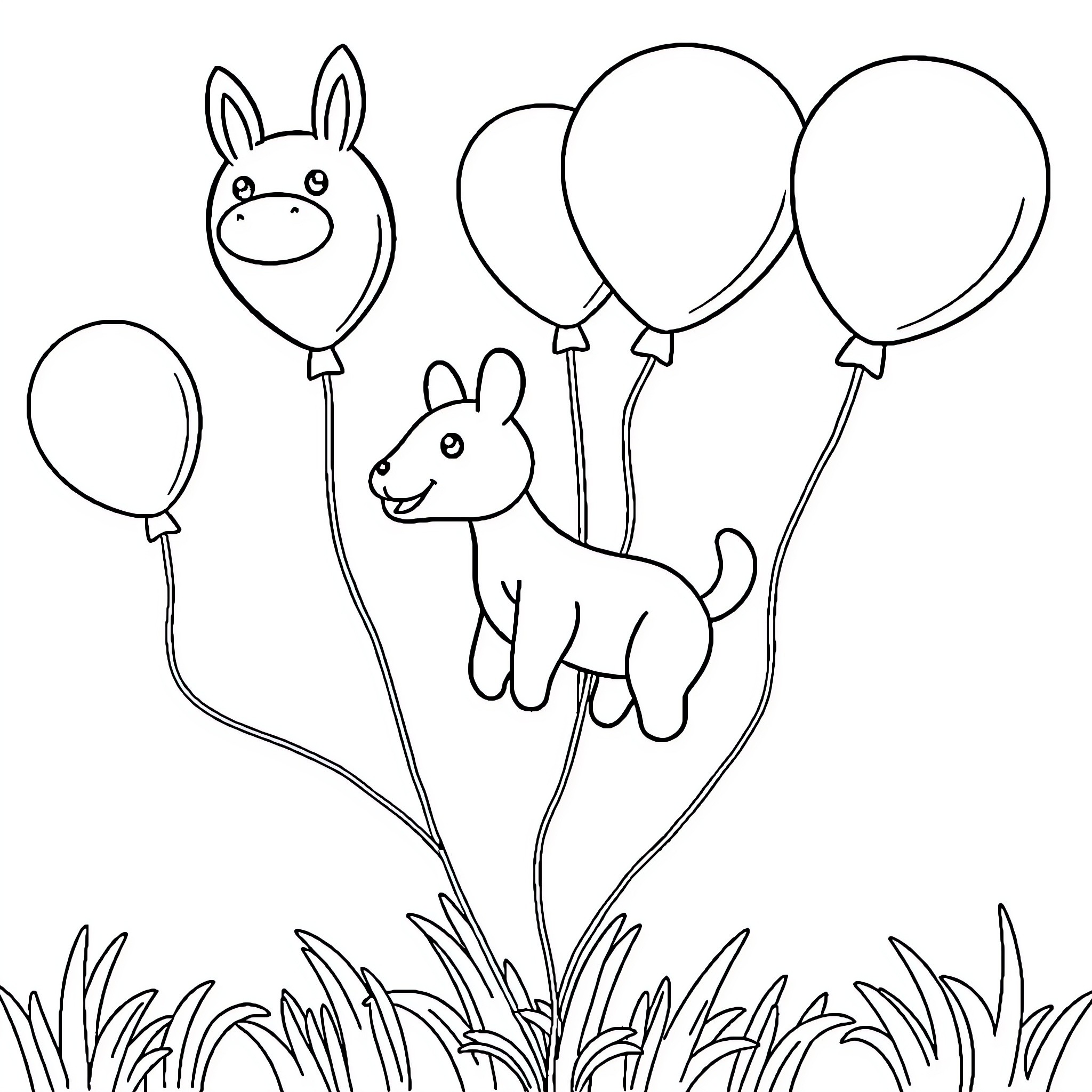 Animal Balloon Pets Playing Happily with Balloons Coloring Page (free black-and-white line drawing printable PDF for all, from beginners to advanced learners, including children, teens, adults, and seniors)