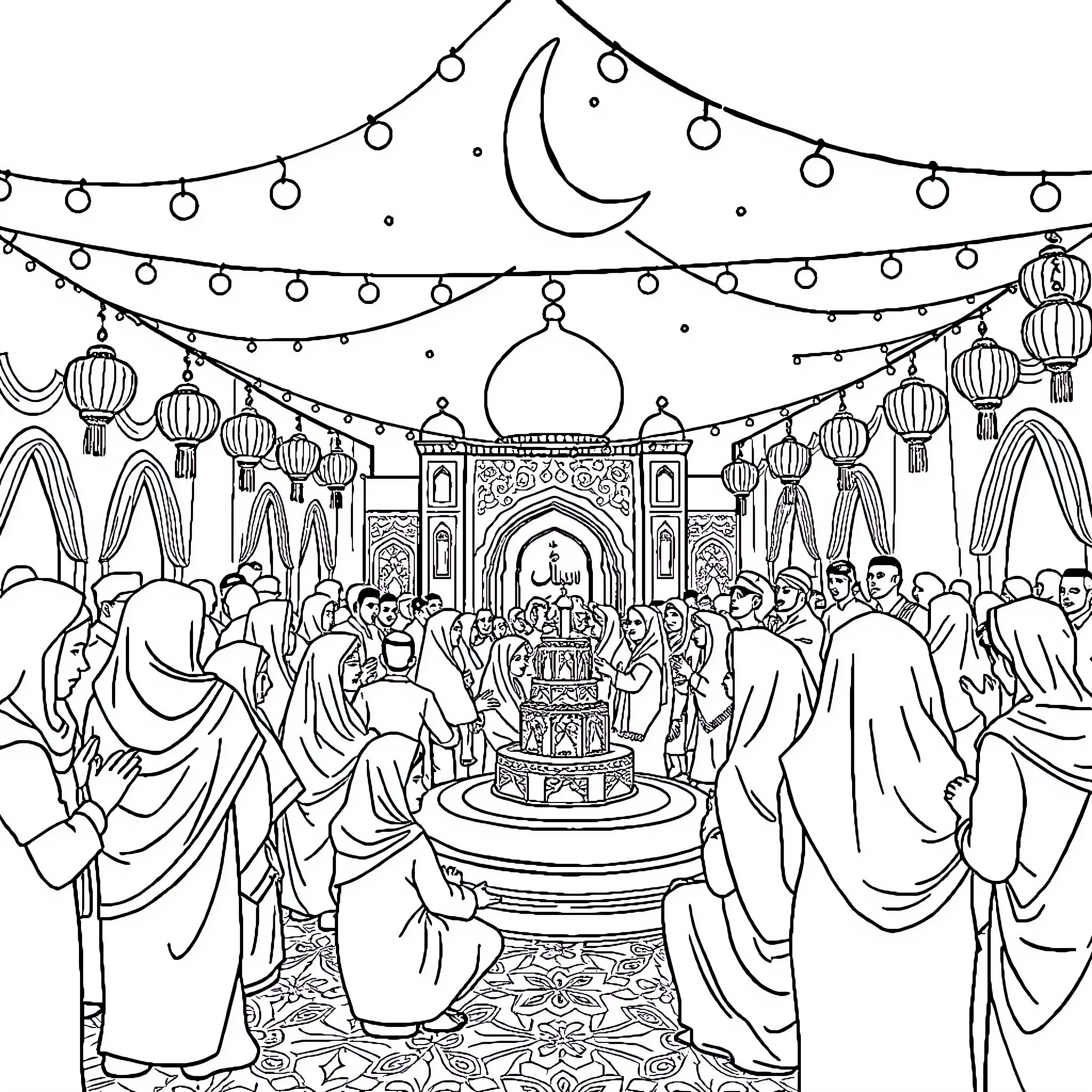 Eid celebration with decorative lanterns and a crowded mosque Coloring Page (free black-and-white line drawing printable PDF for all, from beginners to advanced learners, including children, teens, adults, and seniors)