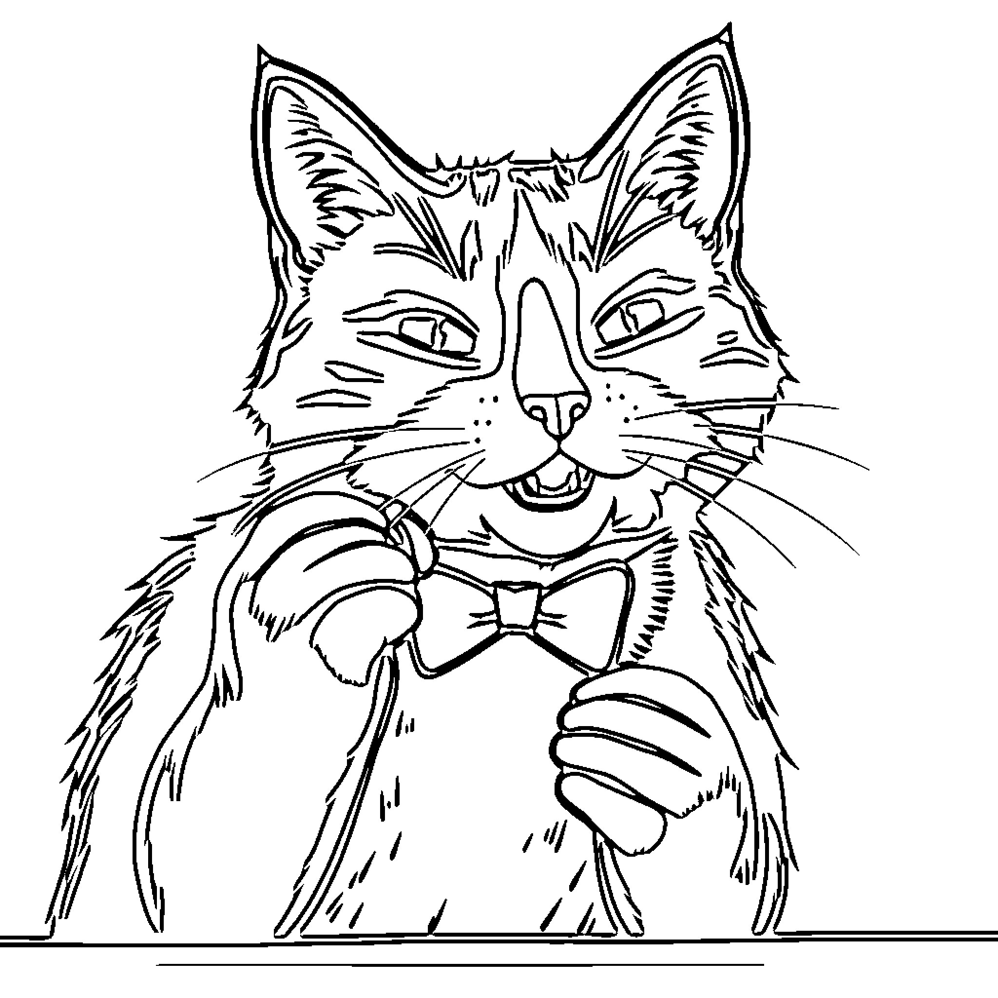 Cat with a Bow Tie Coloring Page (free black-and-white line drawing printable PDF for all, from beginners to advanced learners, including children, teens, adults, and seniors)