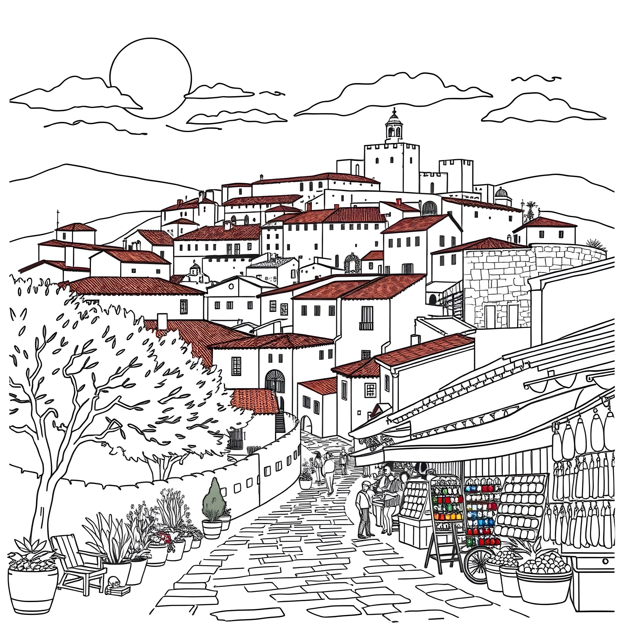 Spain - Scenic Hilltop Town with Shops and Pedestrians Coloring Page (free black-and-white line drawing printable PDF for all, from beginners to advanced learners, including children, teens, adults, and seniors)
