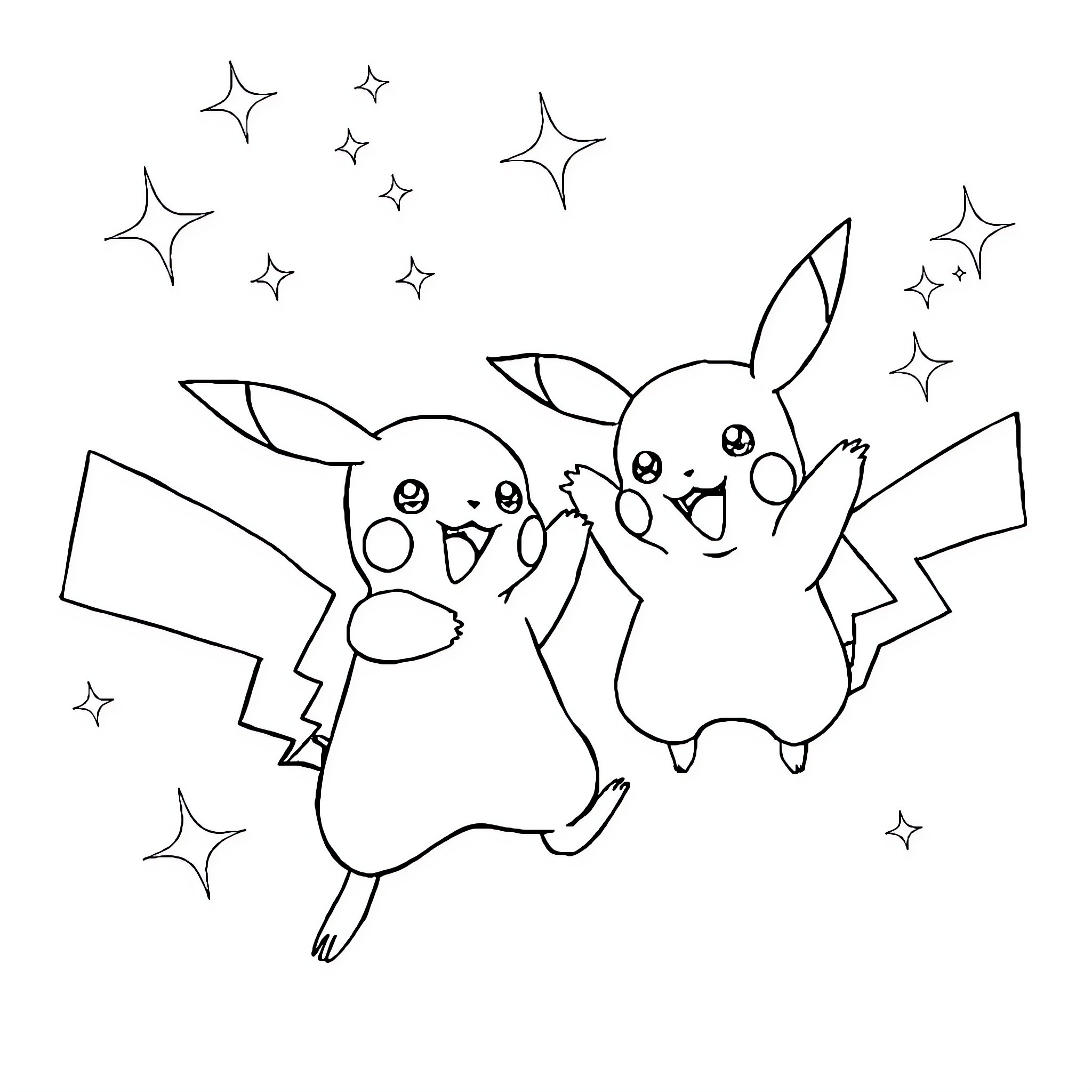 Pikachu and friends playing joyfully under the stars Coloring Page (free black-and-white line drawing printable PDF for all, from beginners to advanced learners, including children, teens, adults, and seniors)