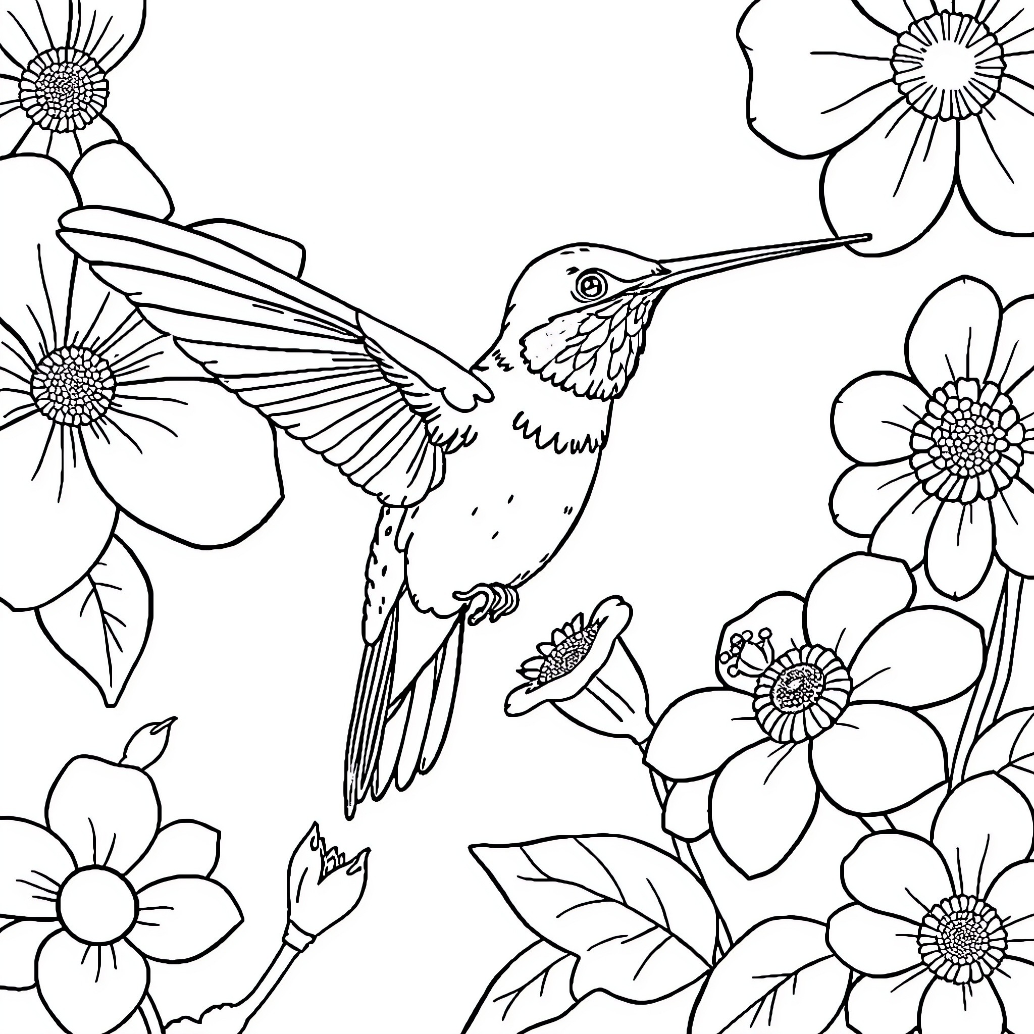 Colibri Among Floral Blooms Coloring Page (free black-and-white line drawing printable PDF for all, from beginners to advanced learners, including children, teens, adults, and seniors)