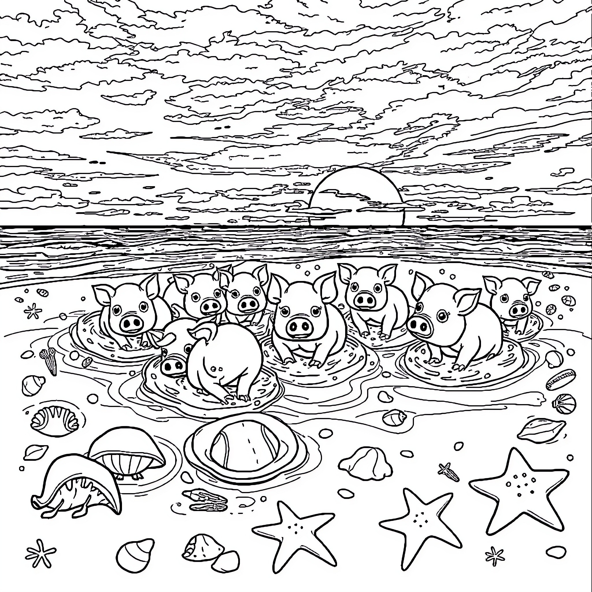 Pigs swimming in the ocean at sunset Coloring Page (free black-and-white line drawing printable PDF for all, from beginners to advanced learners, including children, teens, adults, and seniors)