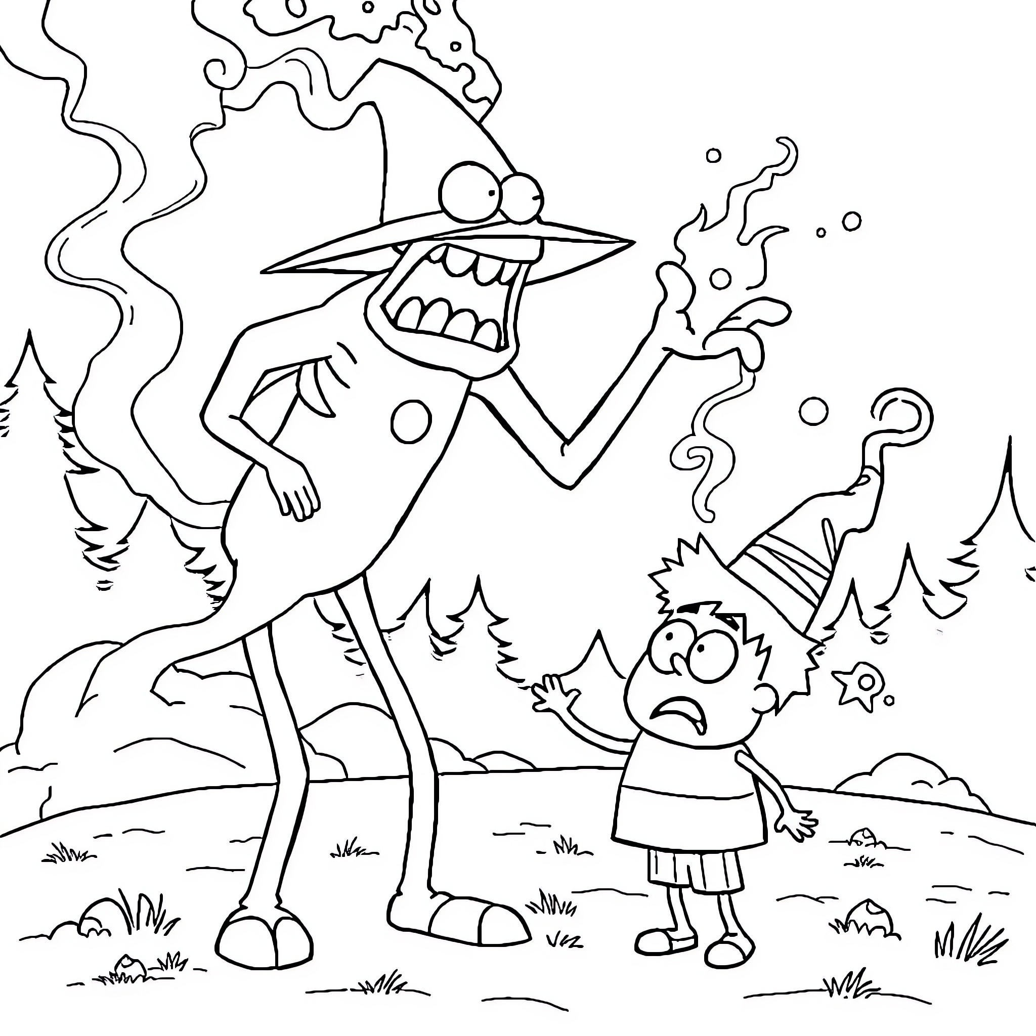 Bill Cipher menacing a child in the forest Coloring Page (free black-and-white line drawing printable PDF for all, from beginners to advanced learners, including children, teens, adults, and seniors)