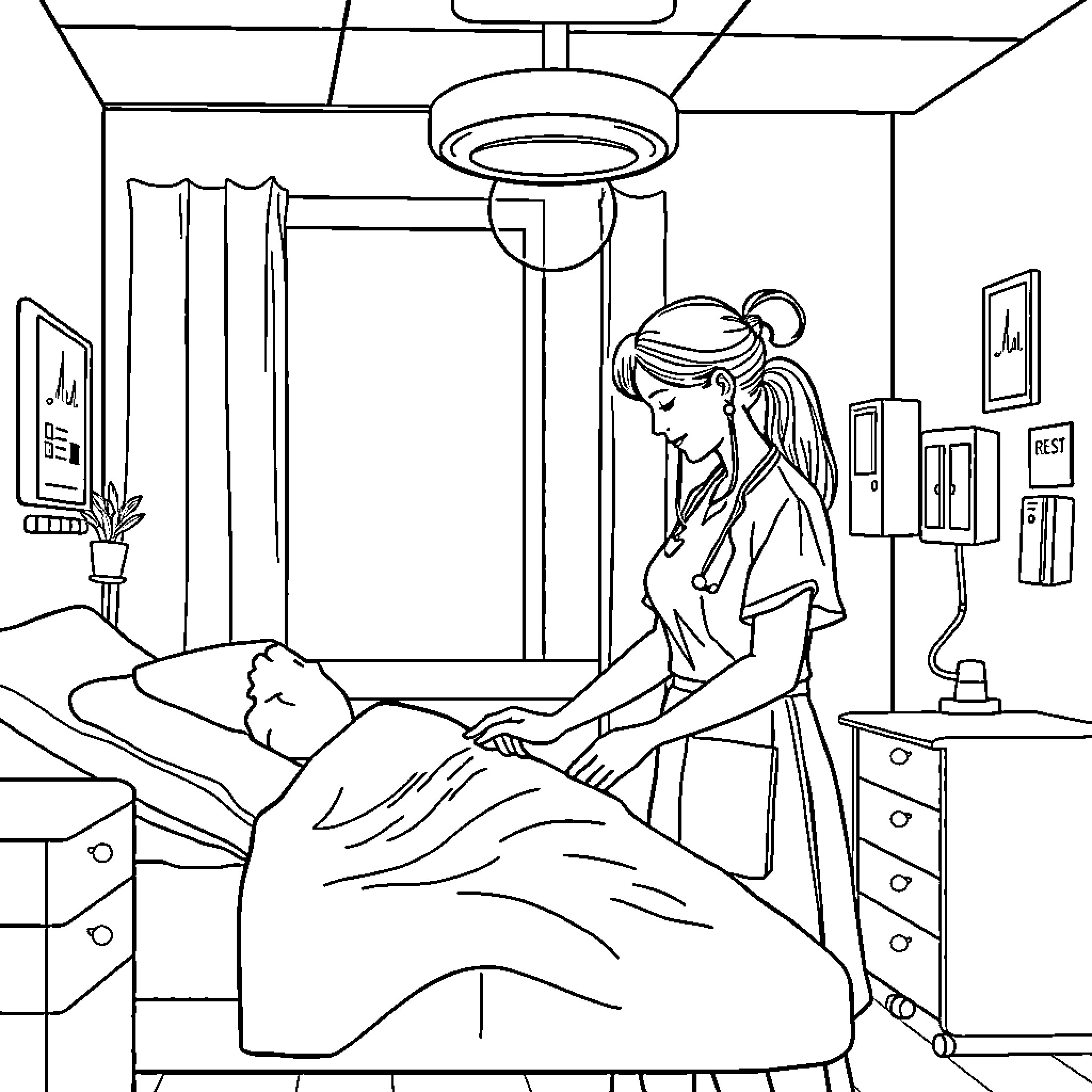 Nurse tending to patient in hospital room Coloring Page (free black-and-white line drawing printable PDF for all, from beginners to advanced learners, including children, teens, adults, and seniors)