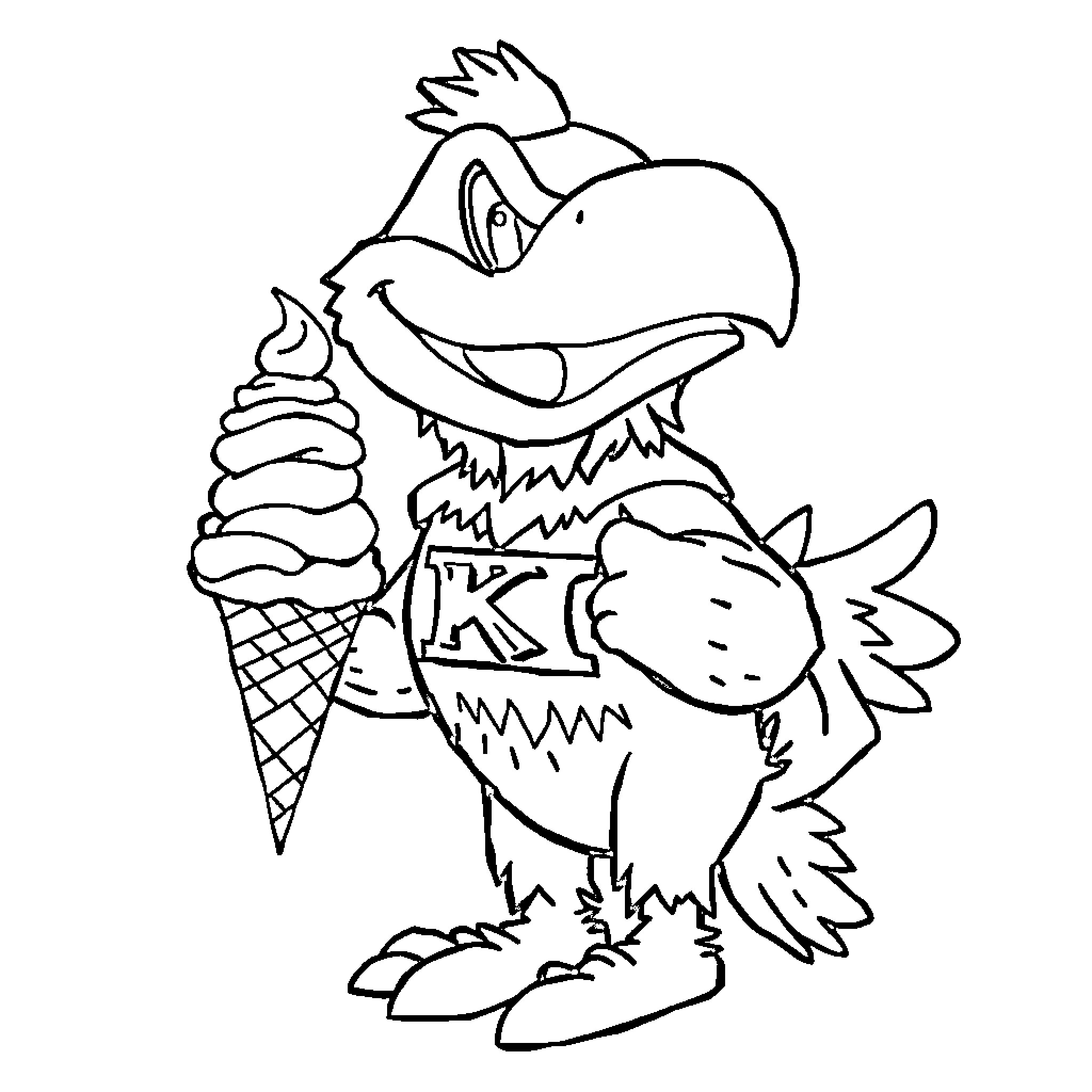 Jayhawk enjoying a tasty ice cream cone Coloring Page (free black-and-white line drawing printable PDF for all, from beginners to advanced learners, including children, teens, adults, and seniors)