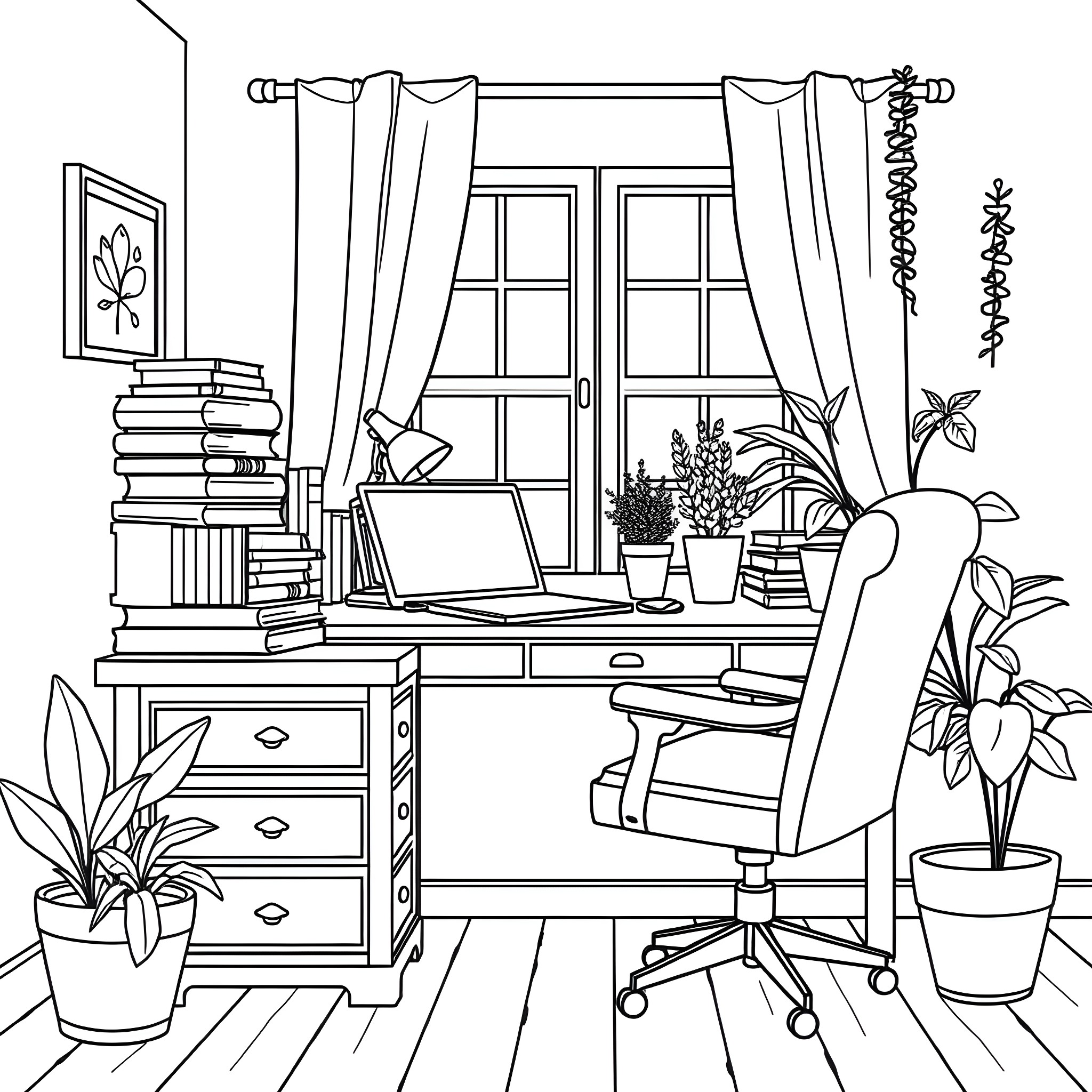 Home Office with Cozy Work Environment Coloring Page (free black-and-white line drawing printable PDF for all, from beginners to advanced learners, including children, teens, adults, and seniors)