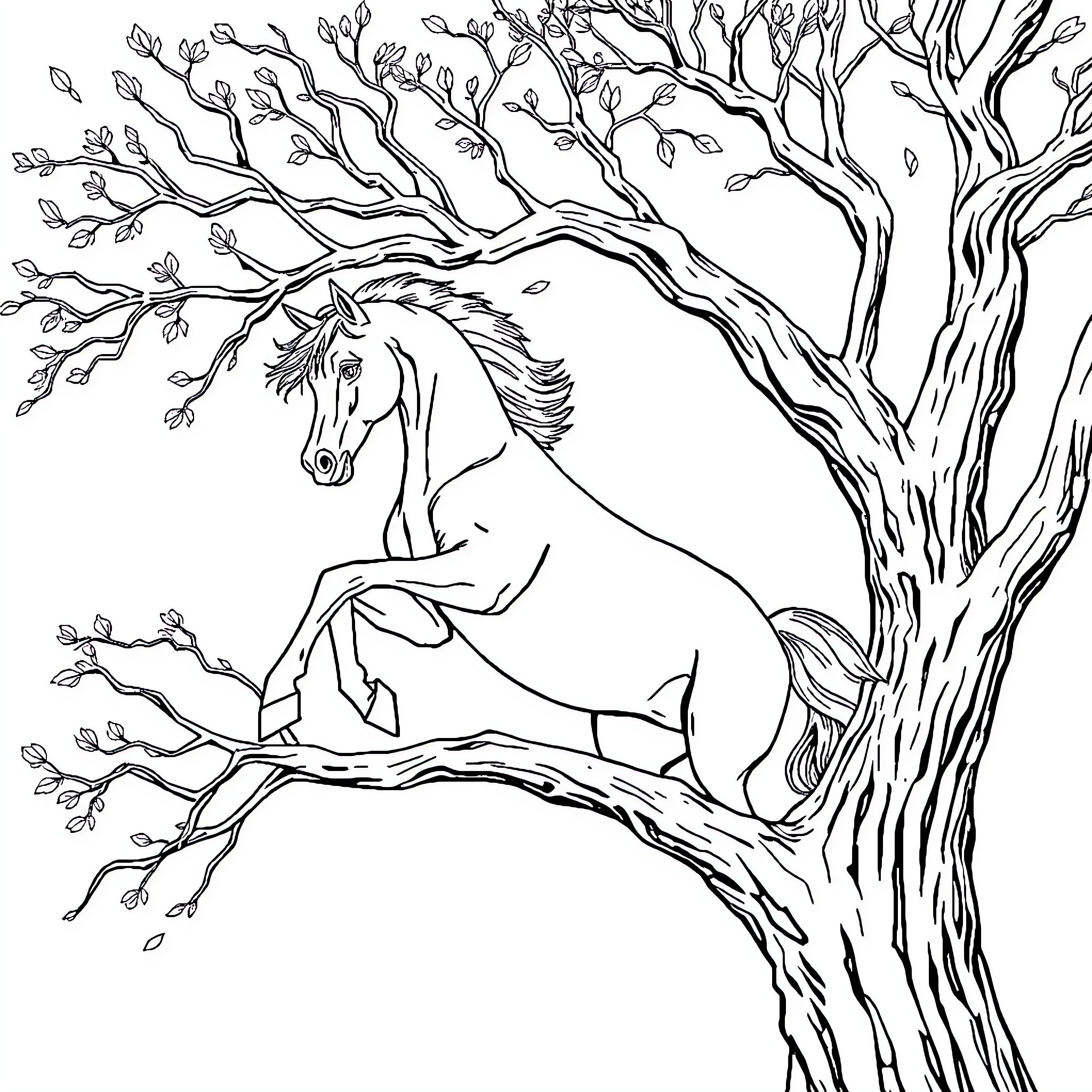 Horse resting peacefully under the tree Coloring Page (free black-and-white line drawing printable PDF for all, from beginners to advanced learners, including children, teens, adults, and seniors)