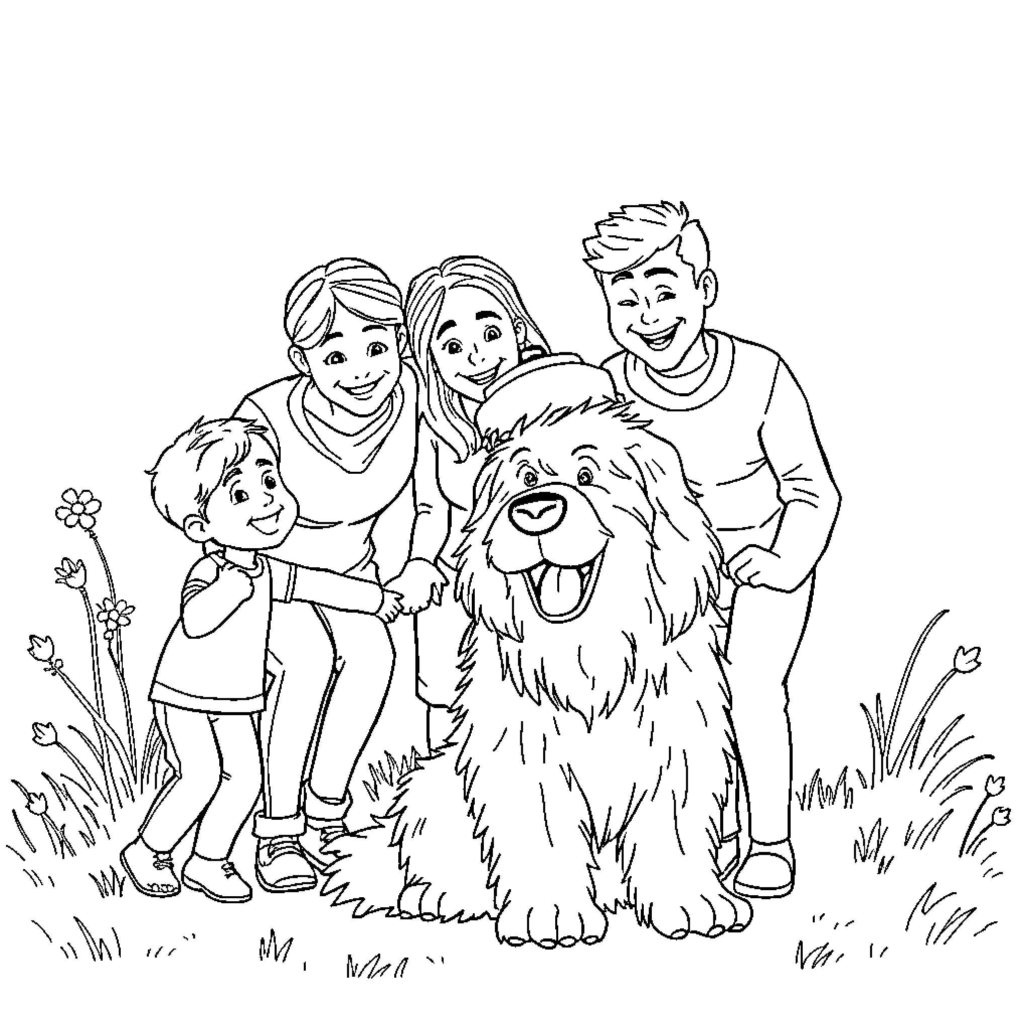 Boy and his family with a happy dog in nature Coloring Page (free black-and-white line drawing printable PDF for all, from beginners to advanced learners, including children, teens, adults, and seniors)