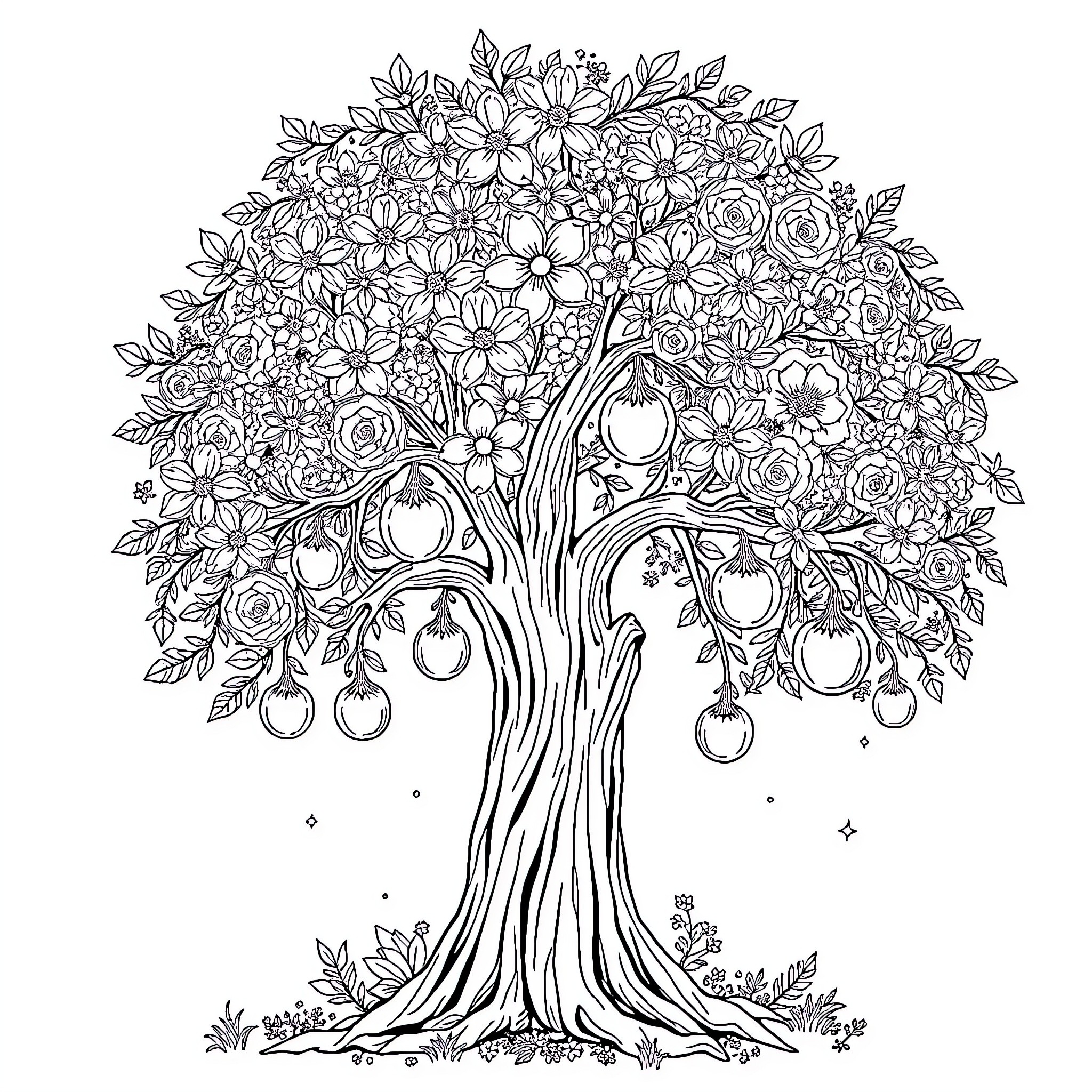 Tree blooming with elegant floral display Coloring Page (free black-and-white line drawing printable PDF for all, from beginners to advanced learners, including children, teens, adults, and seniors)