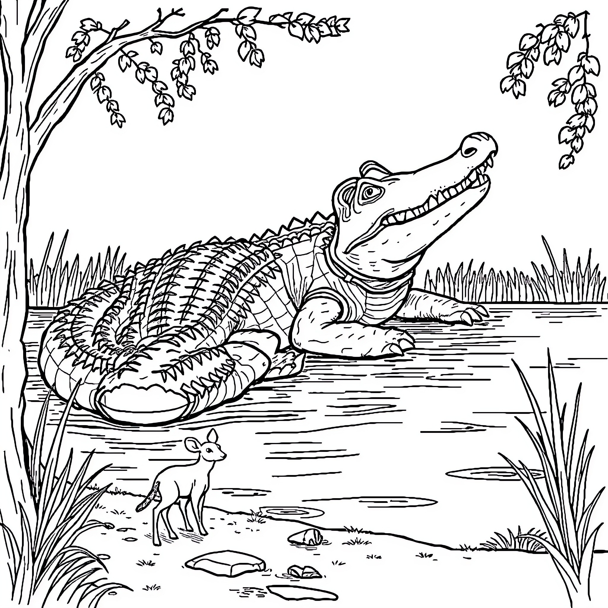 Mouse Deer in Swampy Habitat with Alligator Coloring Page (free black-and-white line drawing printable PDF for all, from beginners to advanced learners, including children, teens, adults, and seniors)