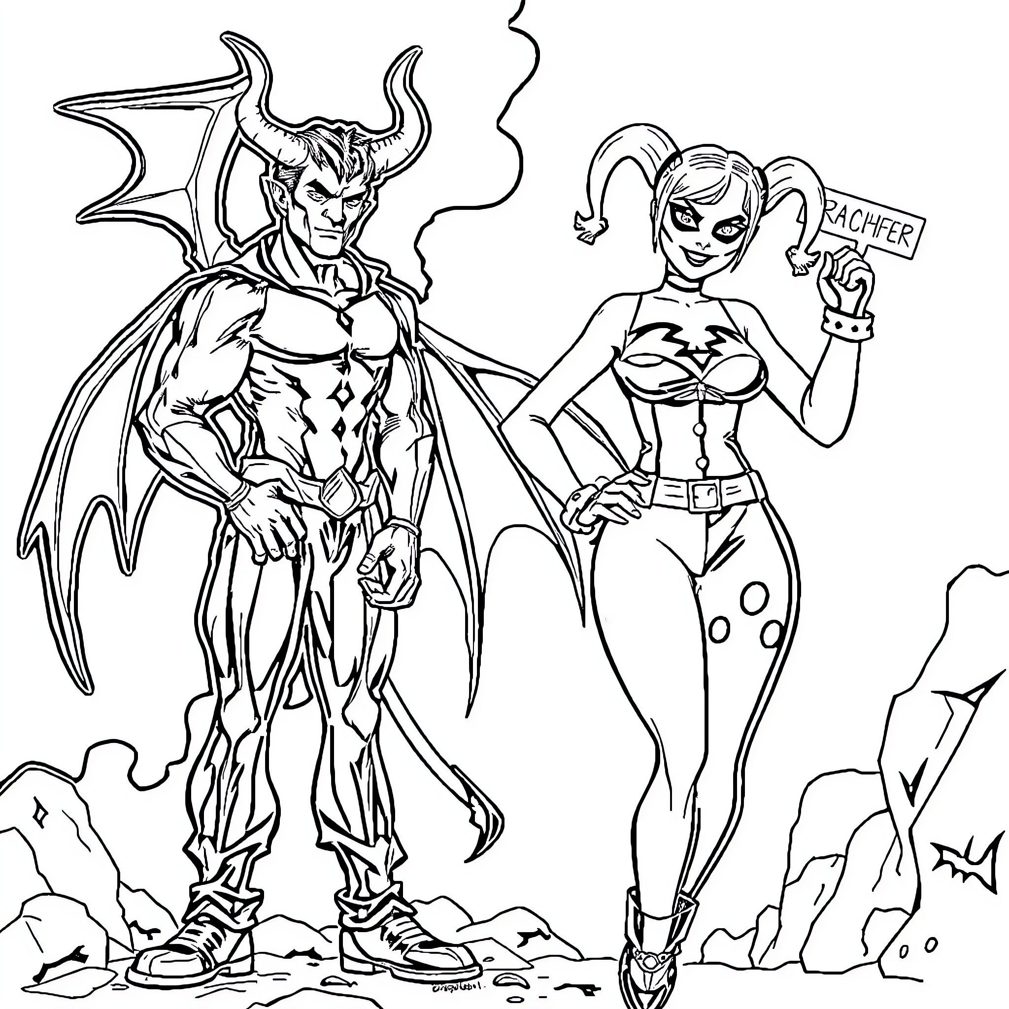 Lucifer and his Jester: A Devilish Duo Coloring Page (free black-and-white line drawing printable PDF for all, from beginners to advanced learners, including children, teens, adults, and seniors)